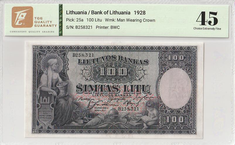 2025十一月第三期，总201期 立陶宛1928年100利特TQG45分无47，经典且稀有的早期波罗的海国家品种，正面是怀抱金币的女性贵妇形象，点缀有看书儿童，生产工具和地球仪，背面是位于维尔纽斯的央行大楼外景，整张纸币设计古朴典雅