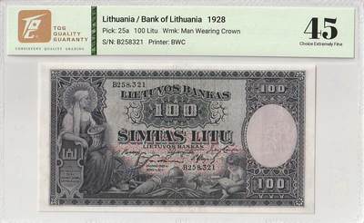 2025十一月第三期，总201期 - 立陶宛1928年100利特TQG45分无47，经典且稀有的早期波罗的海国家品种，正面是怀抱金币的女性贵妇形象，点缀有看书儿童，生产工具和地球仪，背面是位于维尔纽斯的央行大楼外景，整张纸币设计古朴典雅
