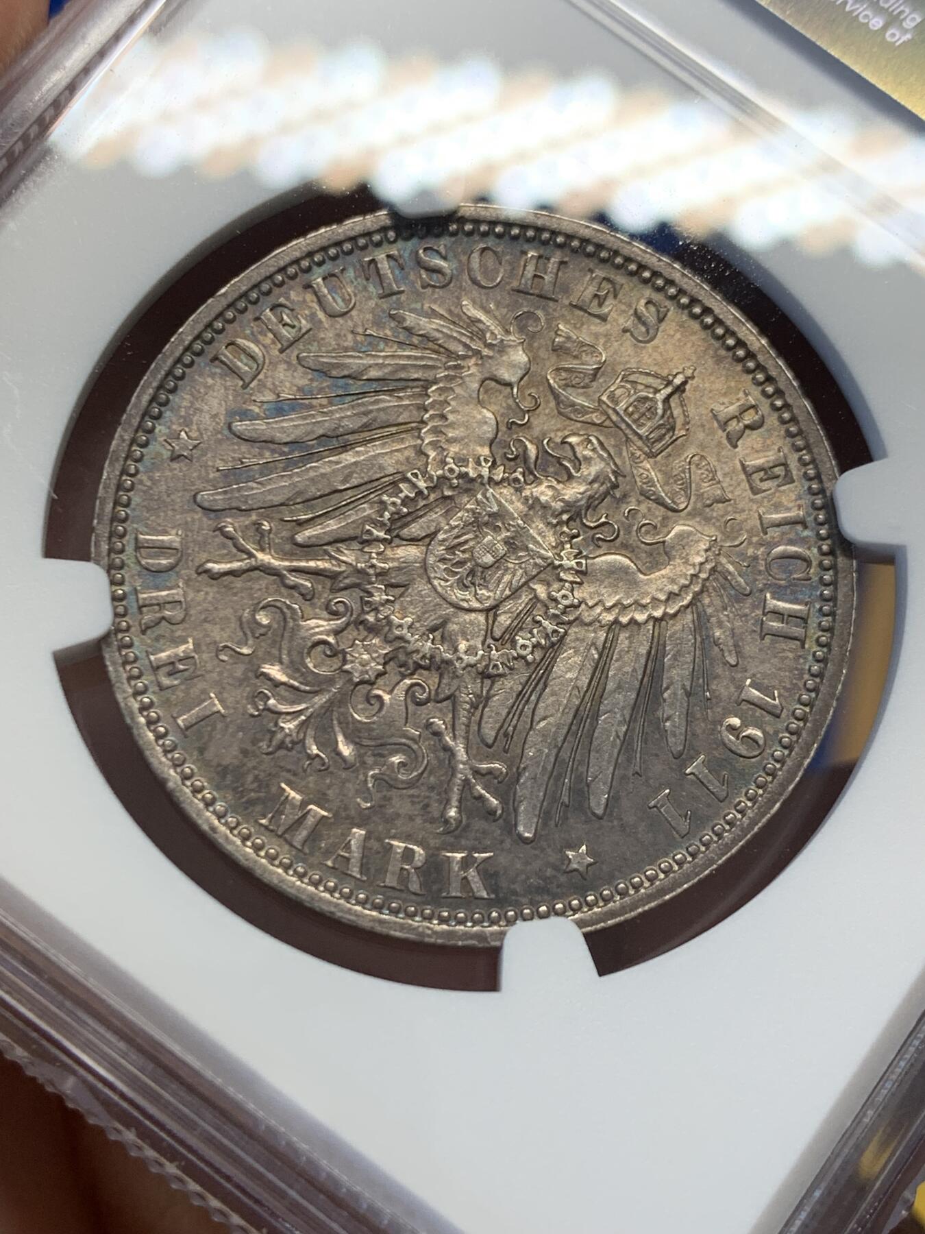 《竞宝斋》第436场 周日，周一2场连拍 （全场包邮） NGC MS62 德国巴伐利亚 1911年 柳特波德 3马克 银币