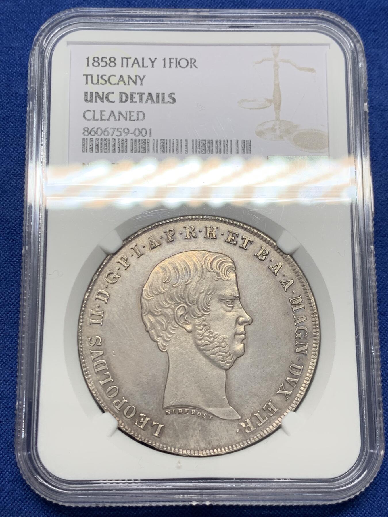 《竞宝斋》第436场 周日，周一2场连拍 （全场包邮） NGC UNCD 意大利1858年托斯卡纳利奥波德二世1菲奥里尼大银币