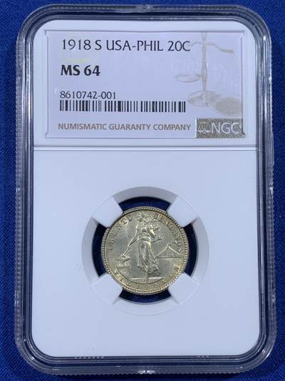 《竞宝斋》第436场 周日，周一2场连拍 （全场包邮） - NGC MS64 美属菲律宾1918年20分银币，稀少的早期年份高分，季军分，价格远远高于后期常见的1945年版本