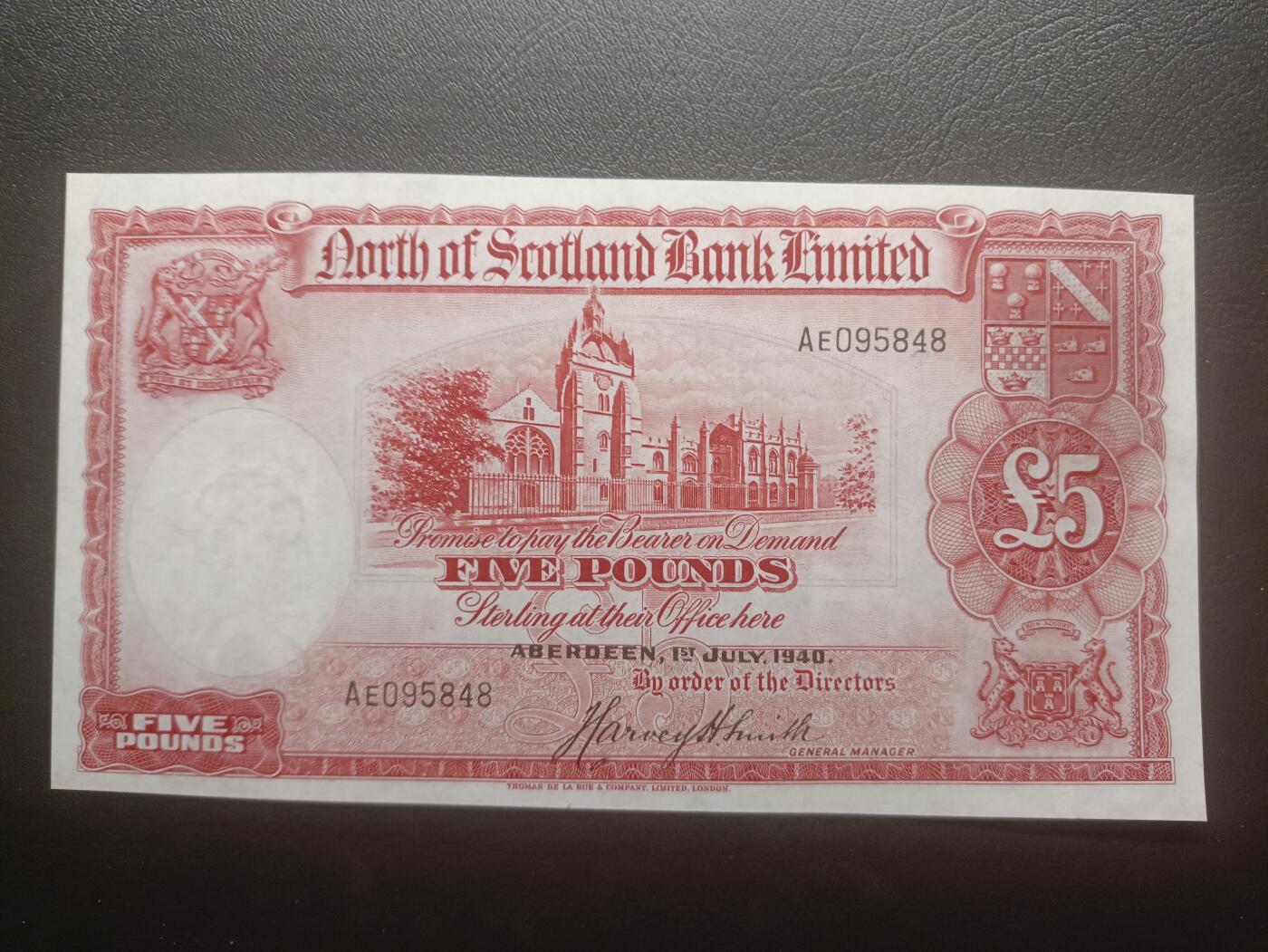 2025十一月第三期，总201期 苏格兰北方银行1940年5镑流通好品XF，阿伯丁大教堂和银行徽章，极稀有作为已不存在的银行在战前发行的中高面值品种