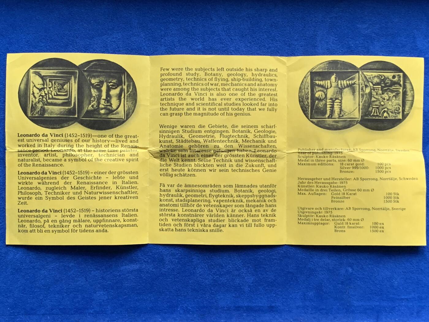 《竞宝斋》第436场 周日，周一2场连拍 （全场包邮） 1975年达芬奇三合体章，332.8克，59.2mm，K. Räsänen雕刻，铜质铸造1500枚，带说明书。