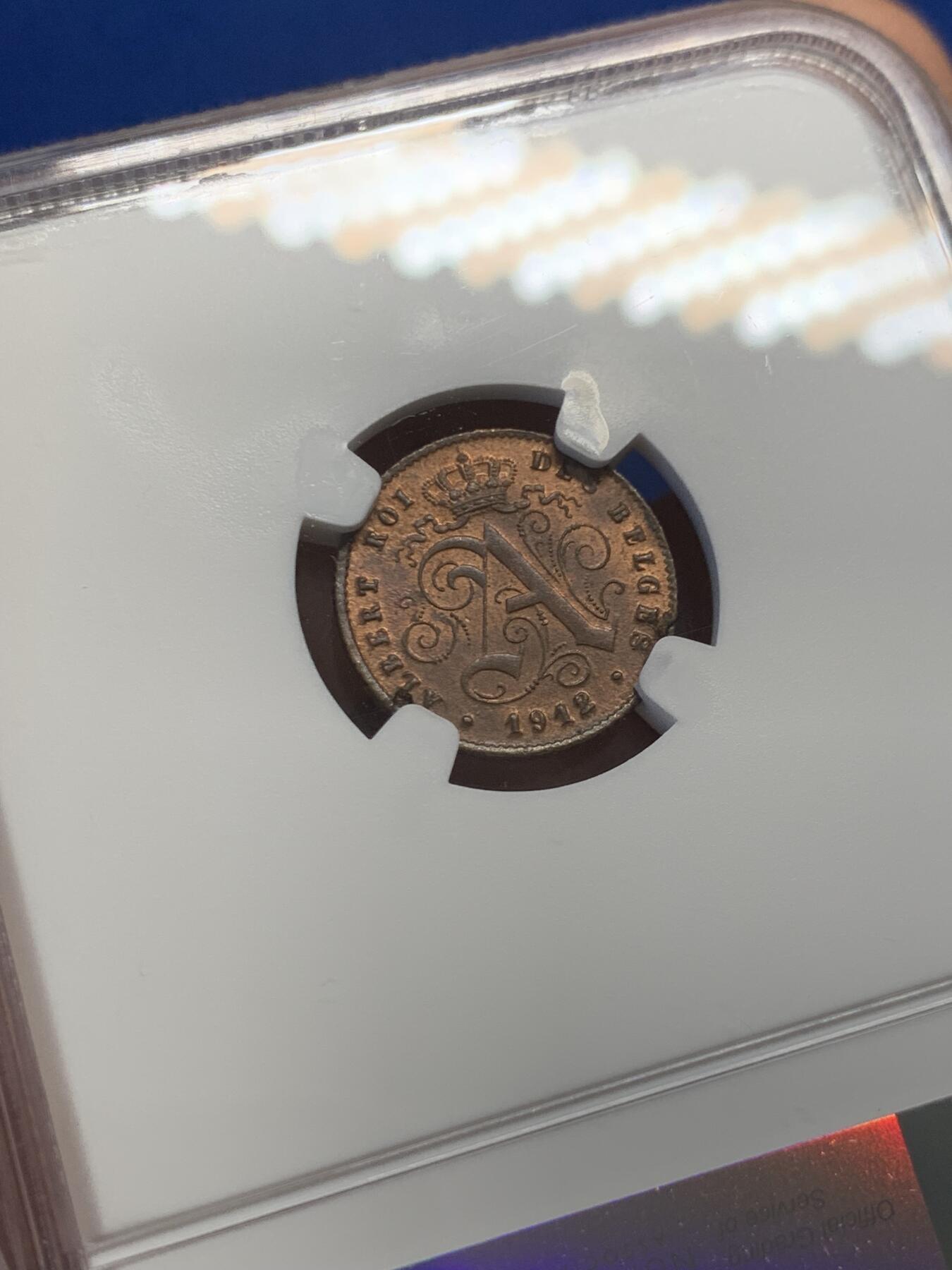 《竞宝斋》第436场 周日，周一2场连拍 （全场包邮） NGC MS63RB 比利时 1912年 狮子 1分 铜币 少见红光早期铜币 比利时经典品种