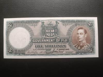 2025十一月第三期，总201期 - 英属斐济1949年5先令AUNC，稀有的乔治六世统治时期中高面值品种，主题是斐济殖民政府徽章以及戎装乔治六世国王肖像
