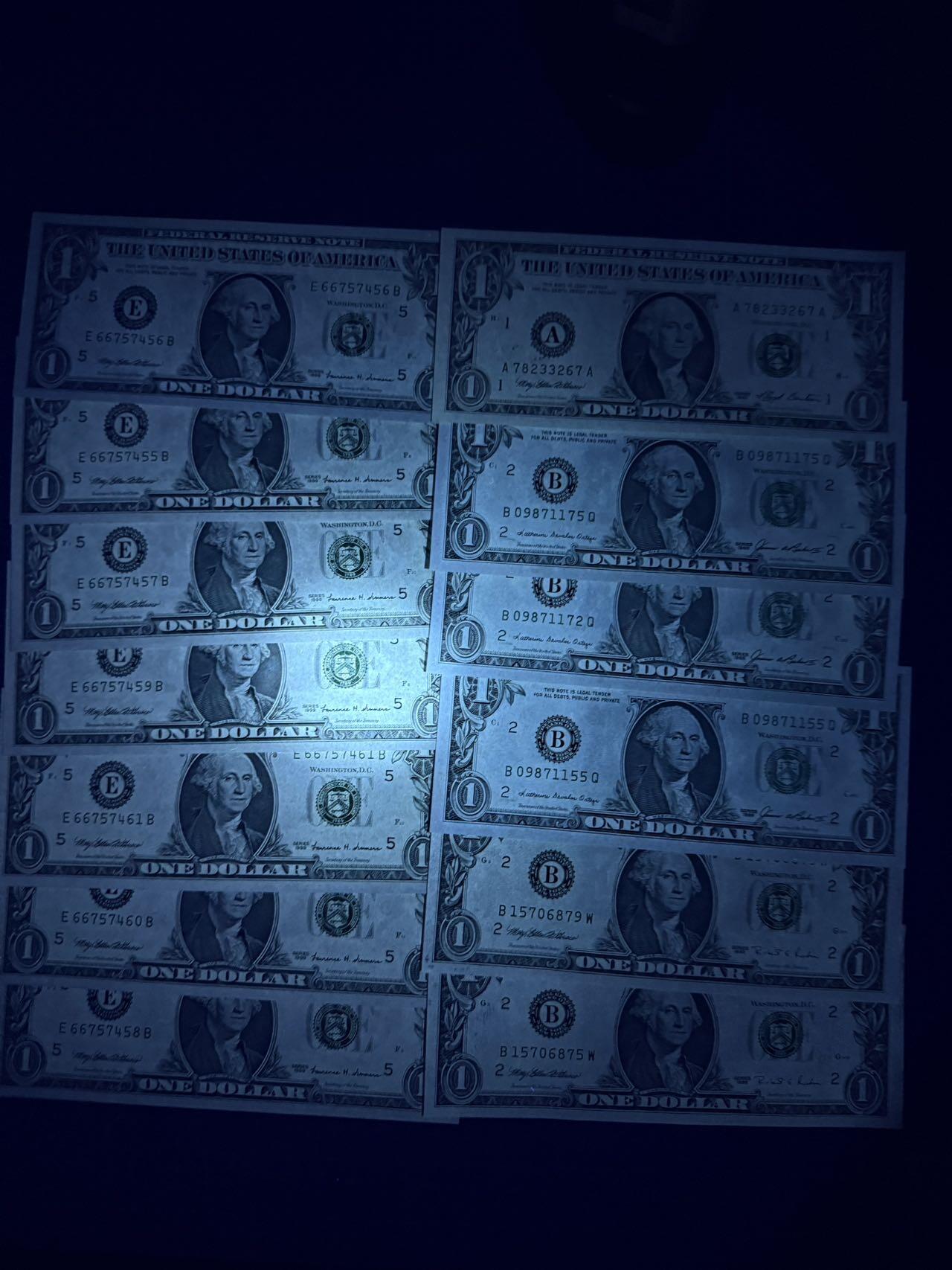 【炜奕收藏】，第五十期 1985-1999年美国1美元共13张，UNC-/UNC品相