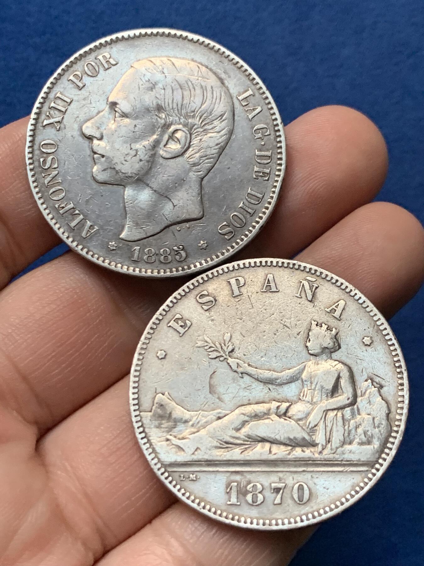 《竞宝斋》第436场 周日，周一2场连拍 （全场包邮） 两枚一组 西班牙1883年阿方索十二世 + 1870年拿花 5比塞塔大银币