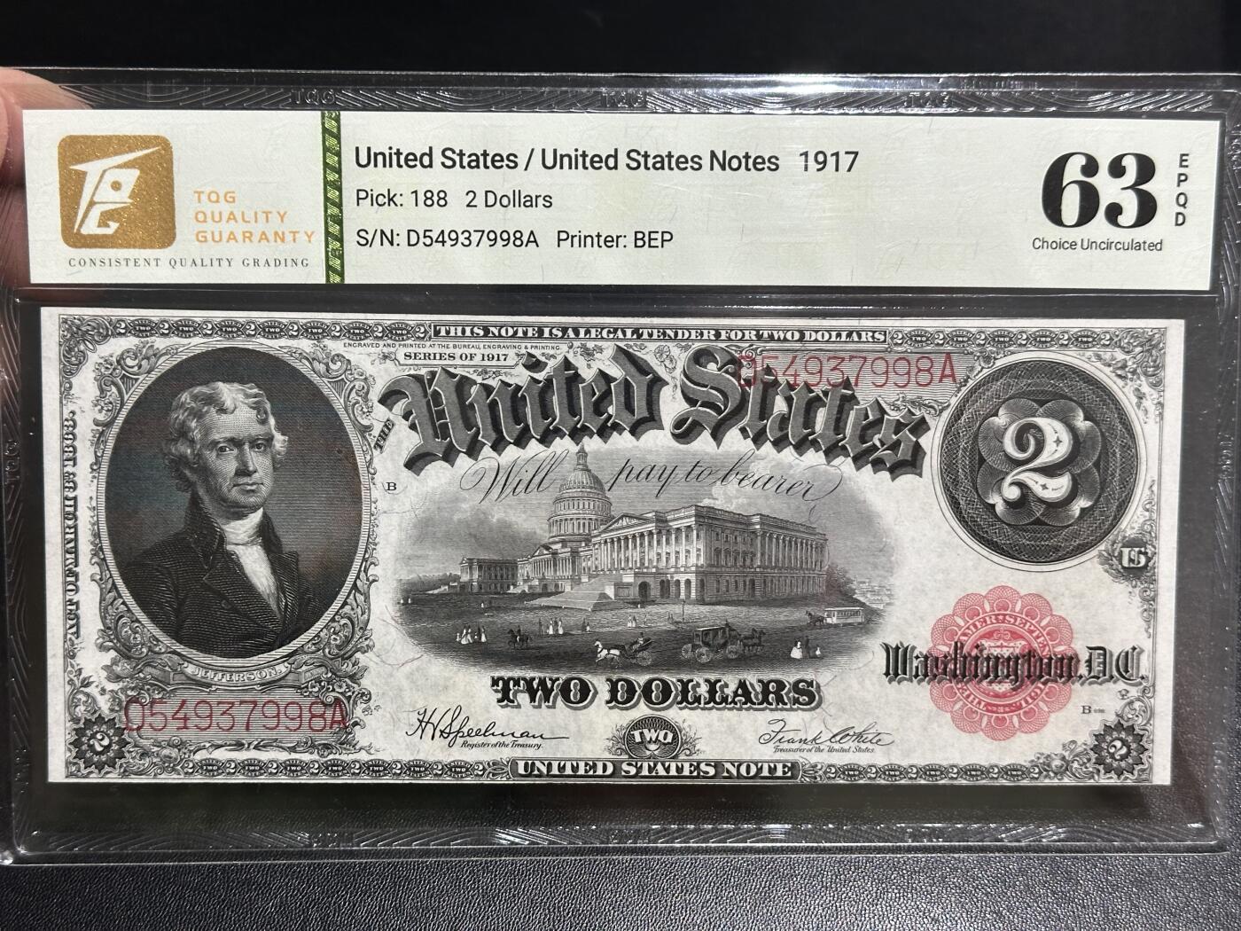 《外钞收藏家》第五百八十三期（精选场）（本期拍品丰富）（本平台长期征集拍品、欢迎藏友们联系合作） 1917年美国2美元 (政府券) （前总统 杰弗逊）大票幅 TQG评级63