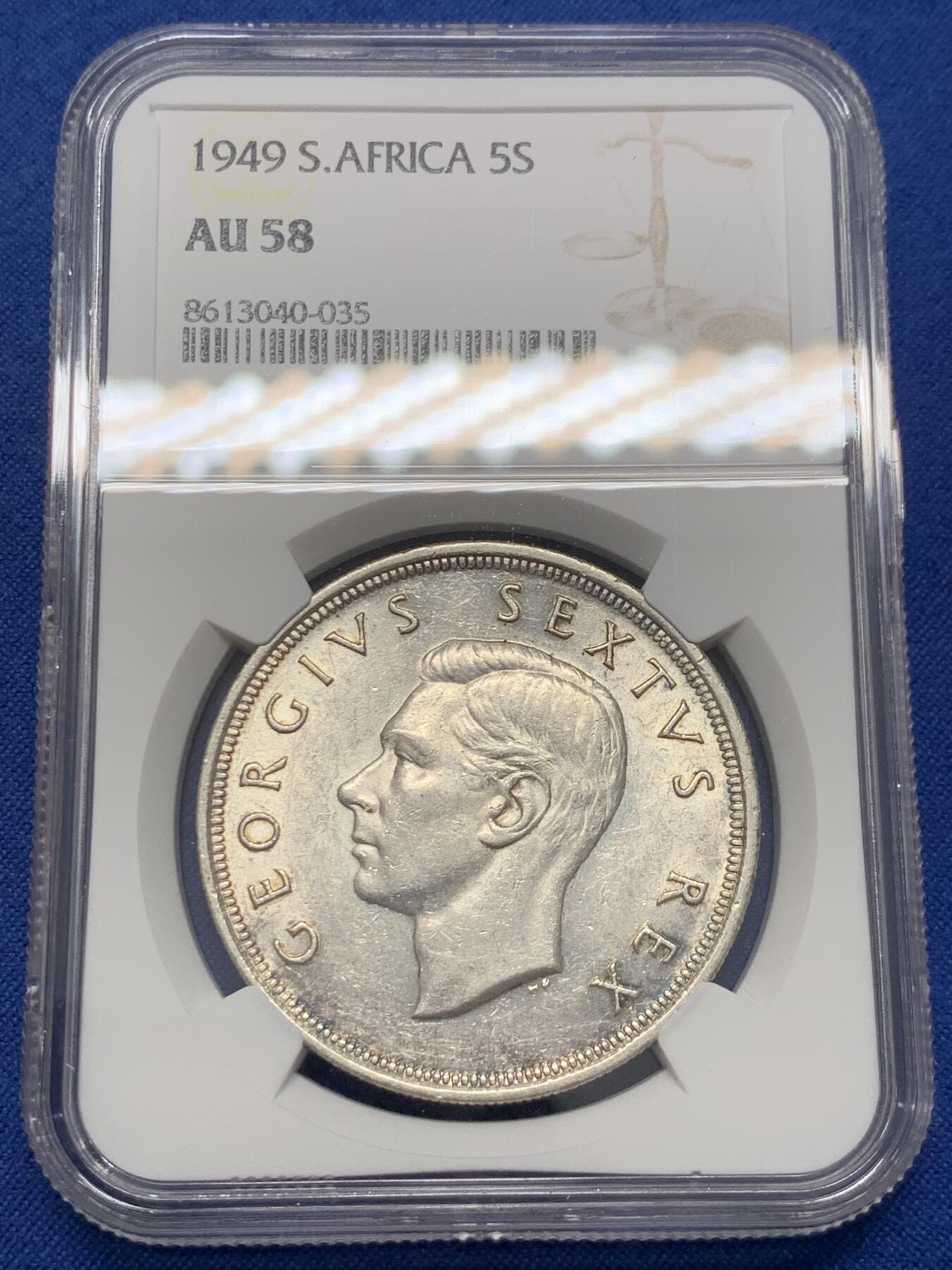 《竞宝斋》第436场 周日，周一2场连拍 （全场包邮） NGC AU58 南非1949年乔治六世羚羊5先令银币