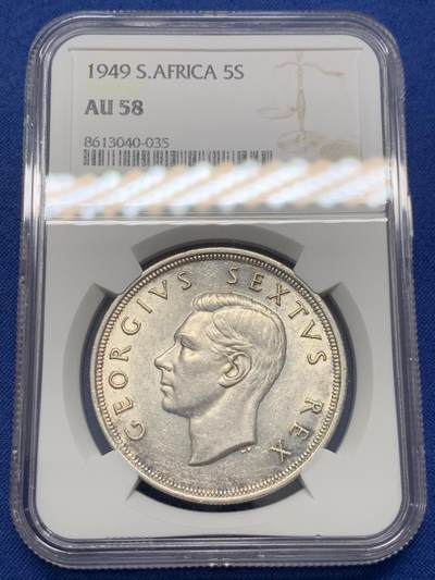 《竞宝斋》第436场 周日，周一2场连拍 （全场包邮） - NGC AU58 南非1949年乔治六世羚羊5先令银币
