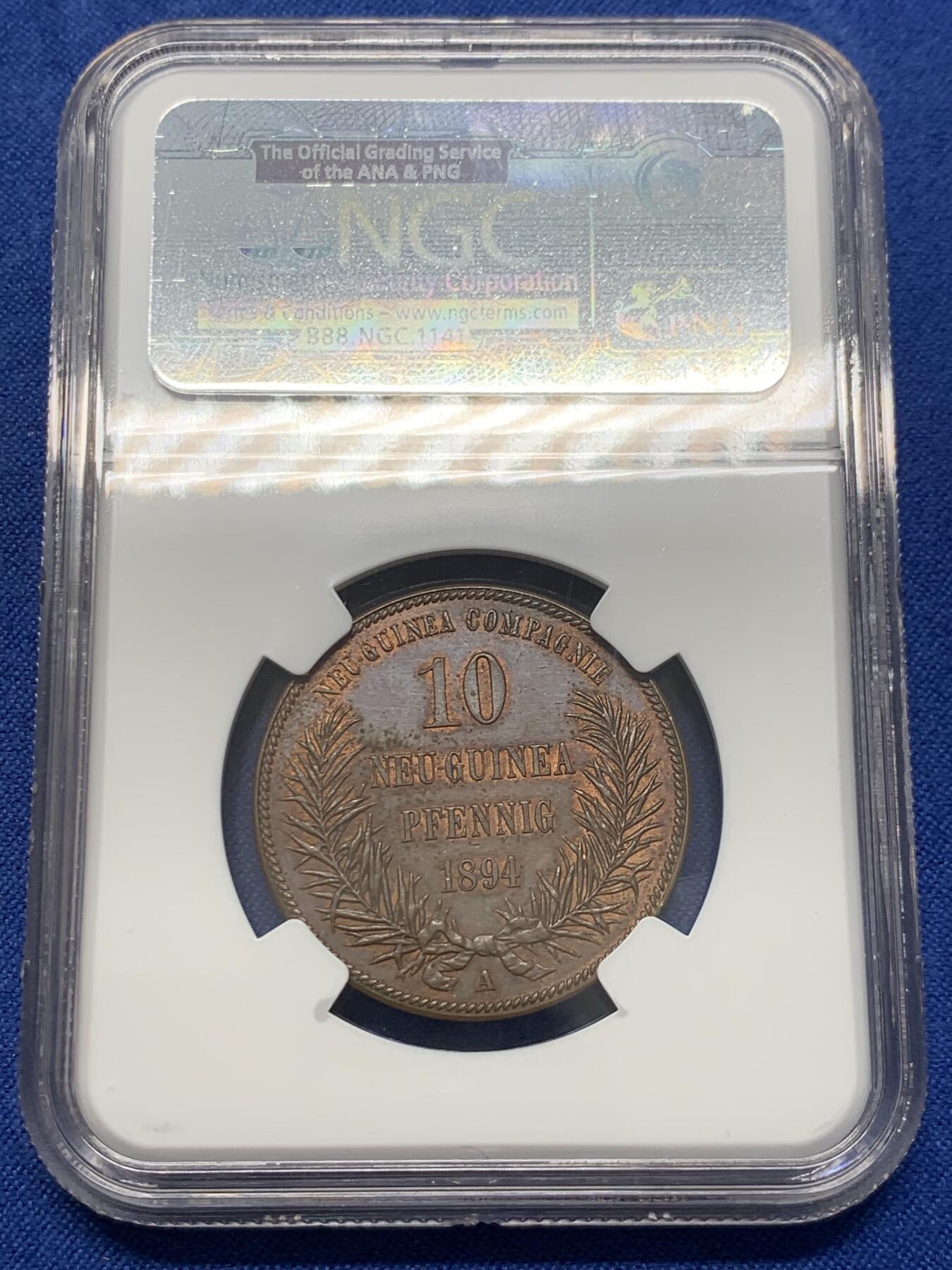 《竞宝斋》第436场 周日，周一2场连拍 （全场包邮） NGC MS62BN 1894年 徳属新几内亚天堂鸟10芬尼铜币 名家纽曼旧藏 细节极美 状态极好 稀少品种