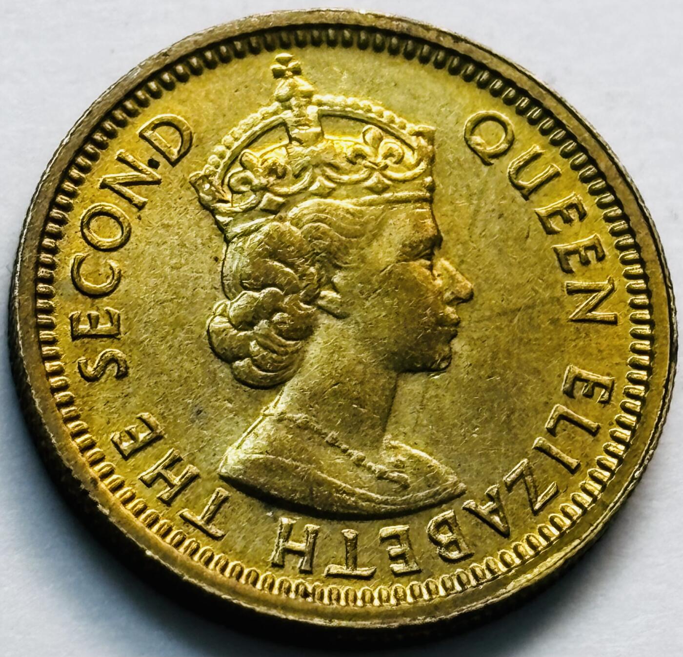 文馨钱币收藏第 280 场， 长期接收代拍品 原铜光品相 1967 年英属香港五仙铜币，伊丽莎白二世时期，第一版关门年