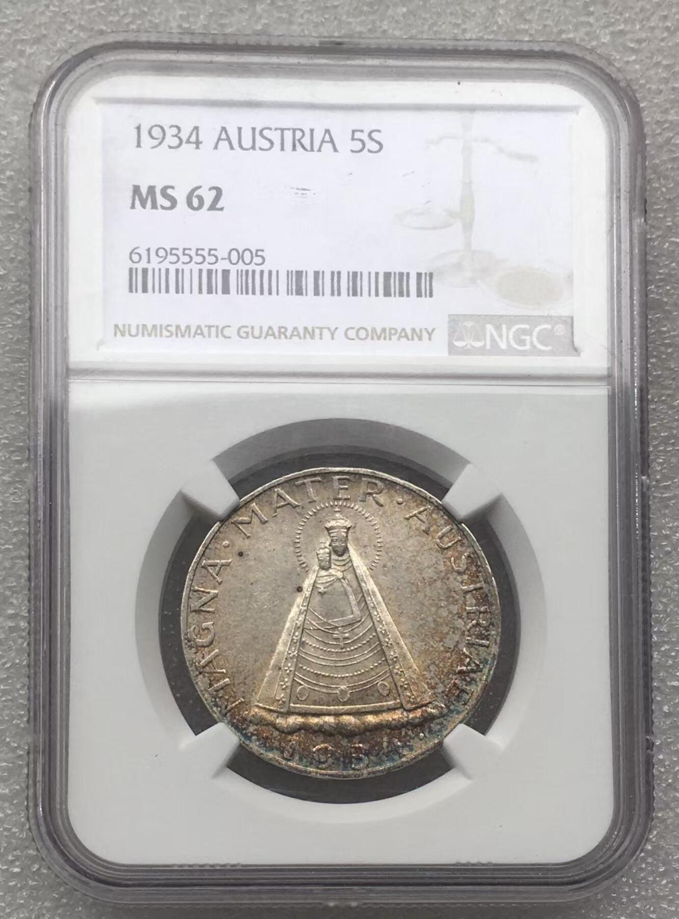 世界钱币专场拍卖 每周二开拍 少见NGC MS62分奥地利圣母抱婴5先令银币