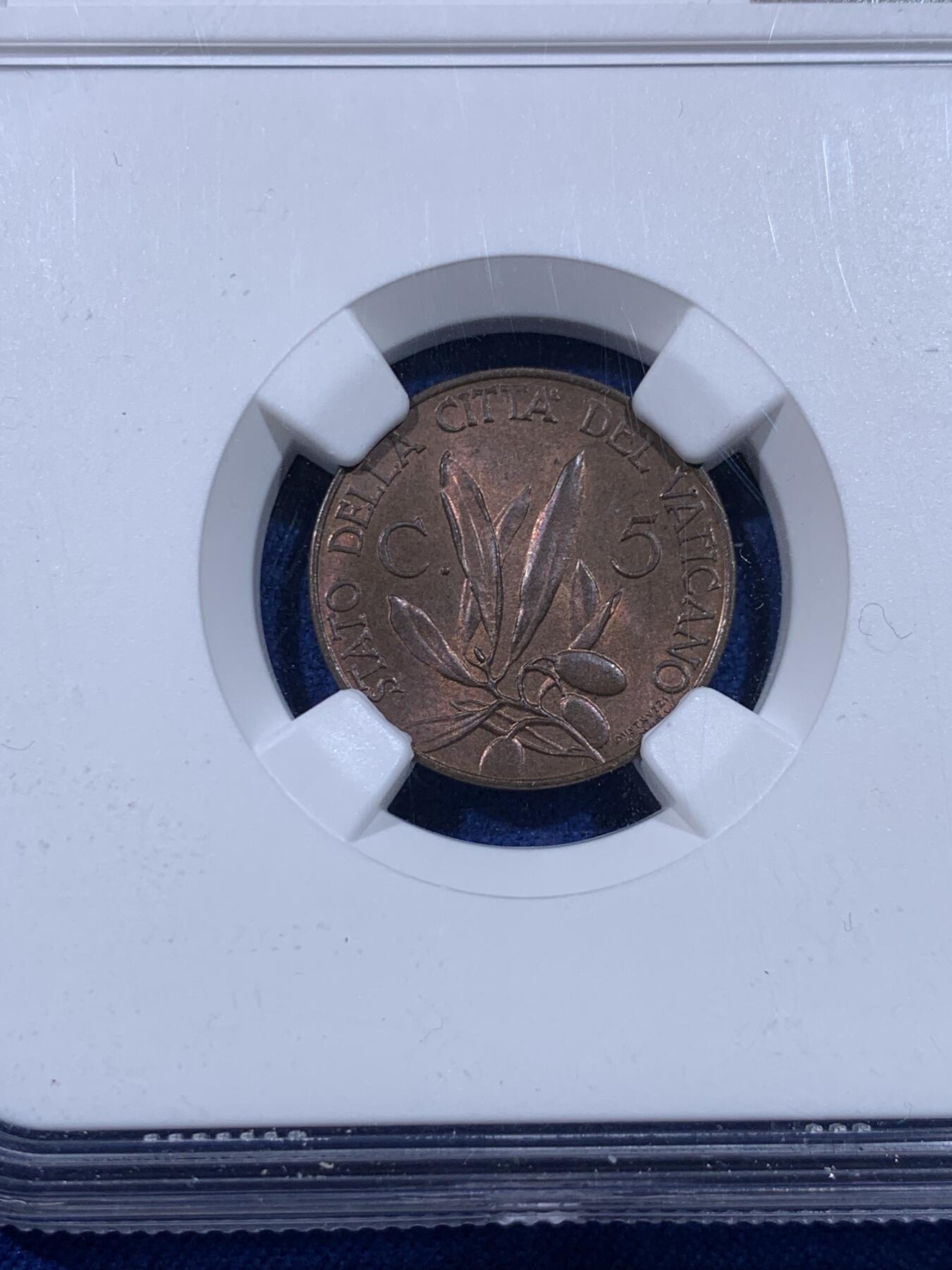 《竞宝斋》第436场 周日，周一2场连拍 （全场包邮） 两枚一组 NGC MS64BN 梵蒂冈 1936年 5分+10分铜币 同年同分 虽是辅币但依然制作精美