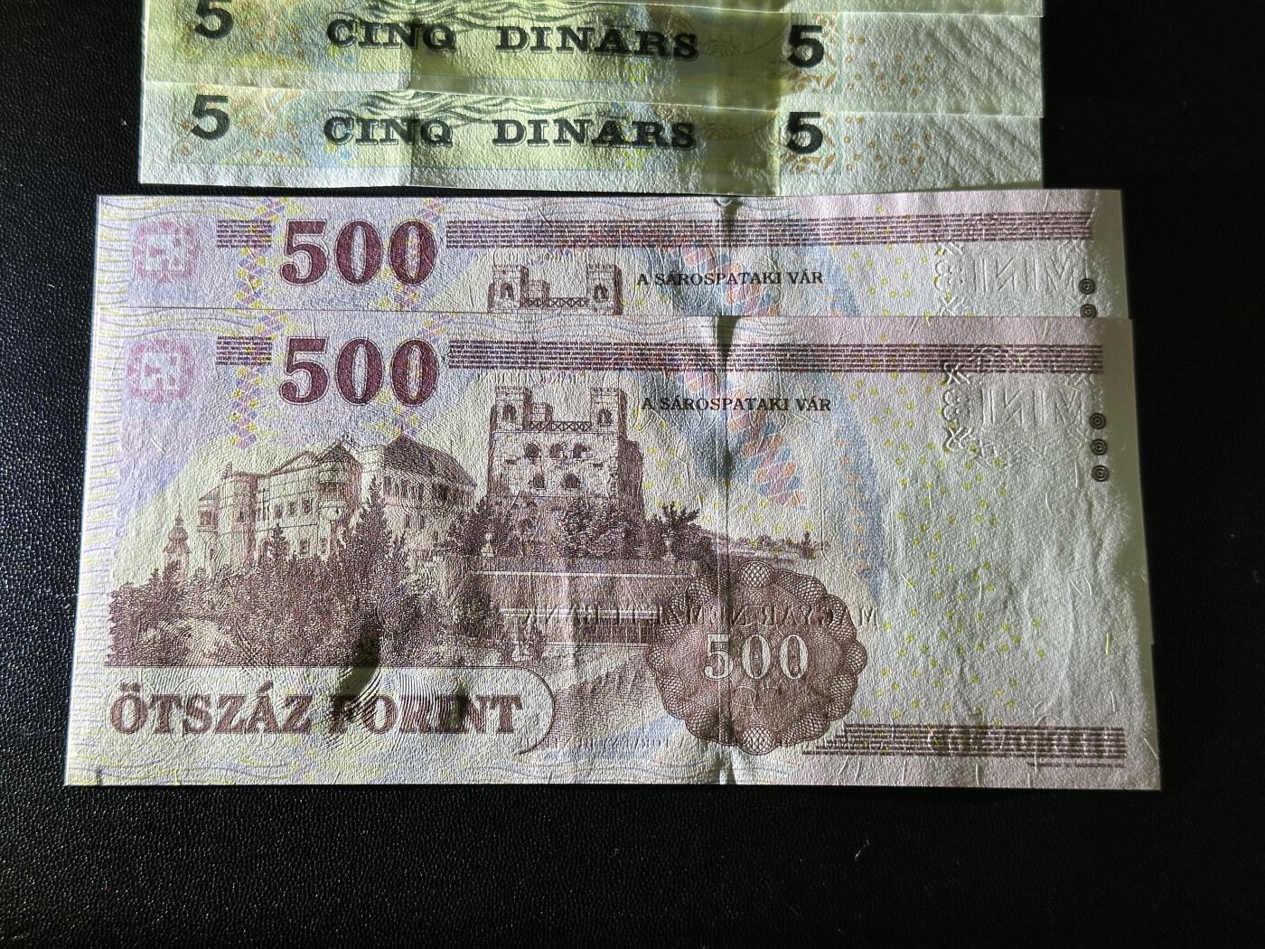 《外钞收藏家》第五百八十三期（精选场）（本期拍品丰富）（本平台长期征集拍品、欢迎藏友们联系合作） 荷兰人像版5盾全新+匈牙利500二张全新有压印+突尼斯5第纳尔3张全新轻微潮