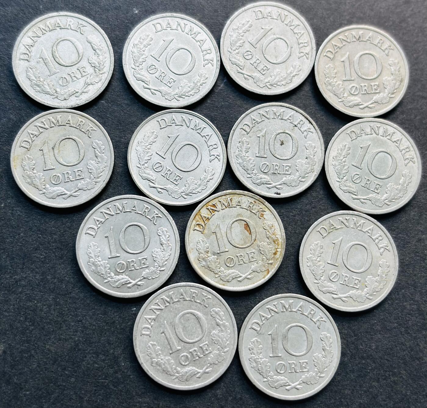 文馨钱币收藏第 280 场， 长期接收代拍品 原光好品丹麦佛雷德里克九世 10 欧尔 13 枚