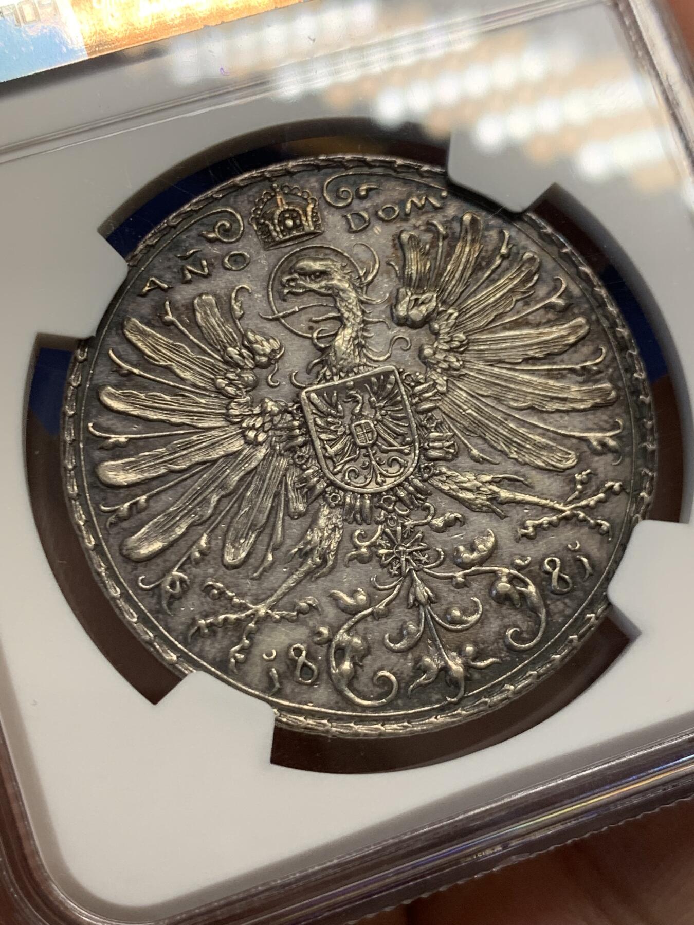 《竞宝斋》第436场 周日，周一2场连拍 （全场包邮） NGC MS62 德国1881年巴伐利亚慕尼黑联邦射击节大银章 浮雕喷砂感极强 慕尼黑徽章与枝叶纹理雕刻全深打难得。