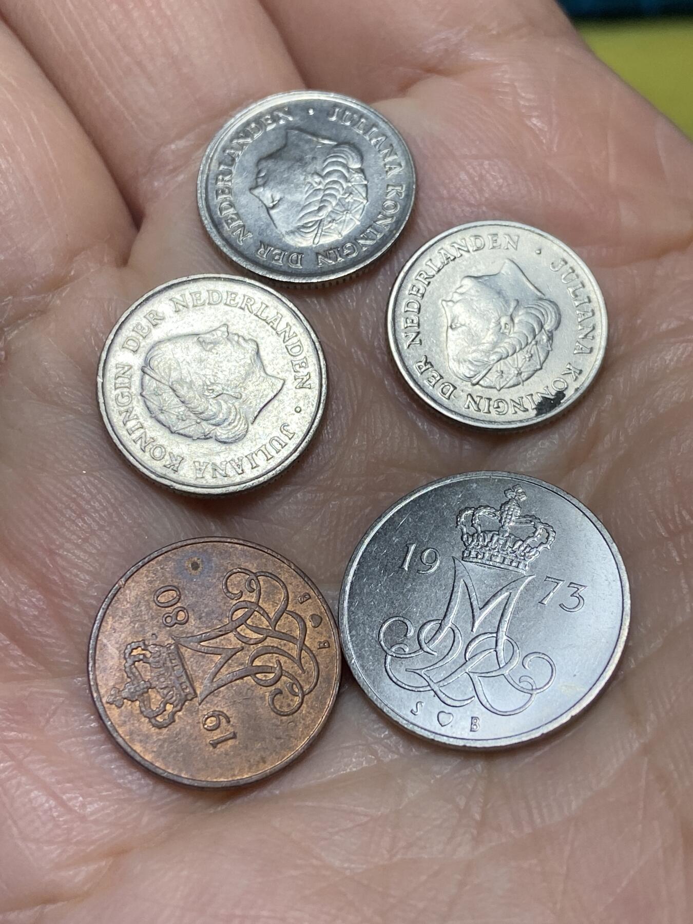 2025年第一百二十六场(总第一百五十二场）外国好品散币(免佣金) 散币5枚：荷兰🇳🇱1955年73年76年10分，丹麦🇩🇰1980年5欧尔，1973年10欧尔