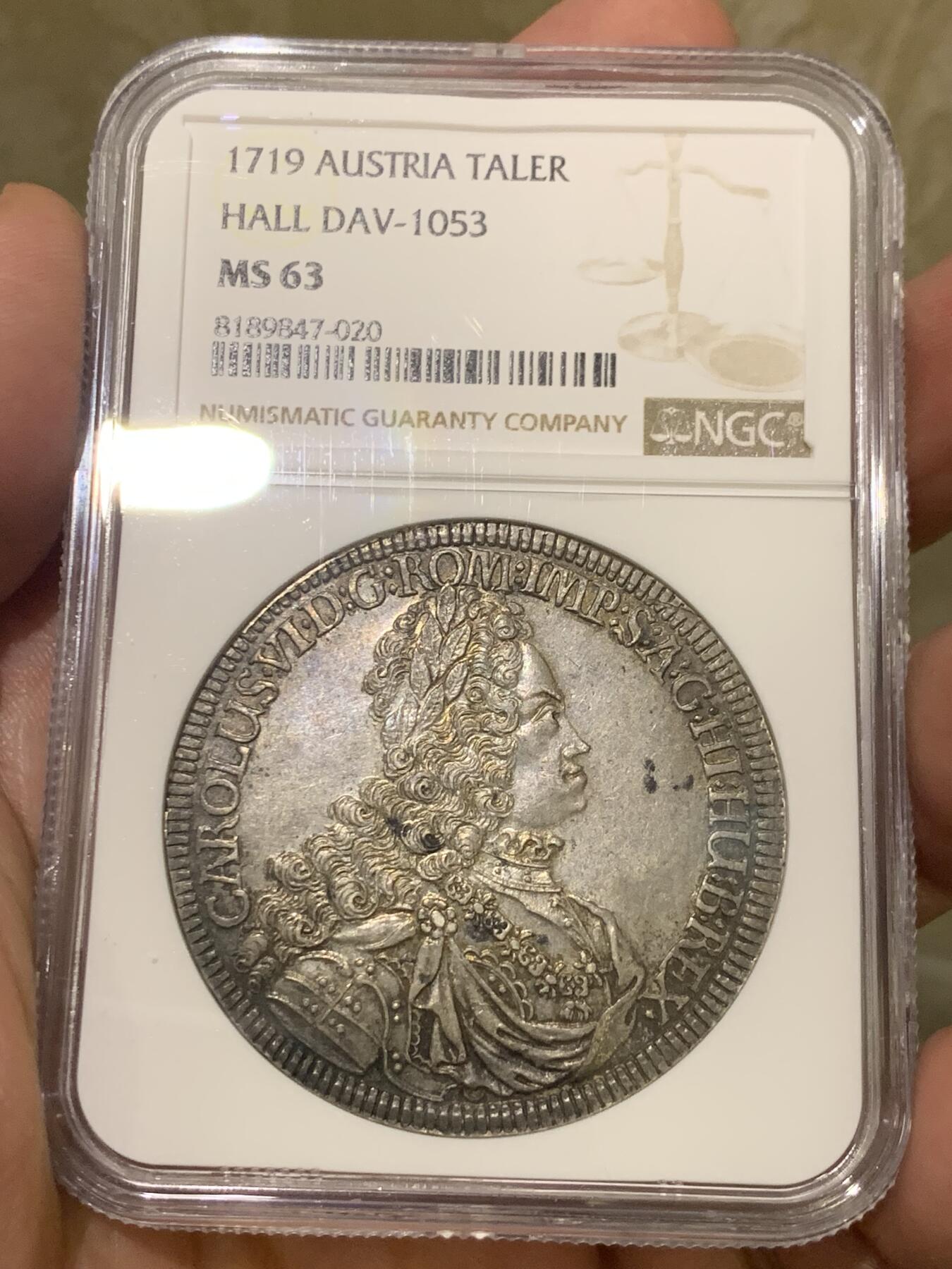 《竞宝斋》第436场 周日，周一2场连拍 （全场包邮） 亚军分 NGC MS63 神圣罗马帝国 1719年 卡尔六世 泰勒大银币 细节好 原味包浆 热门大波浪