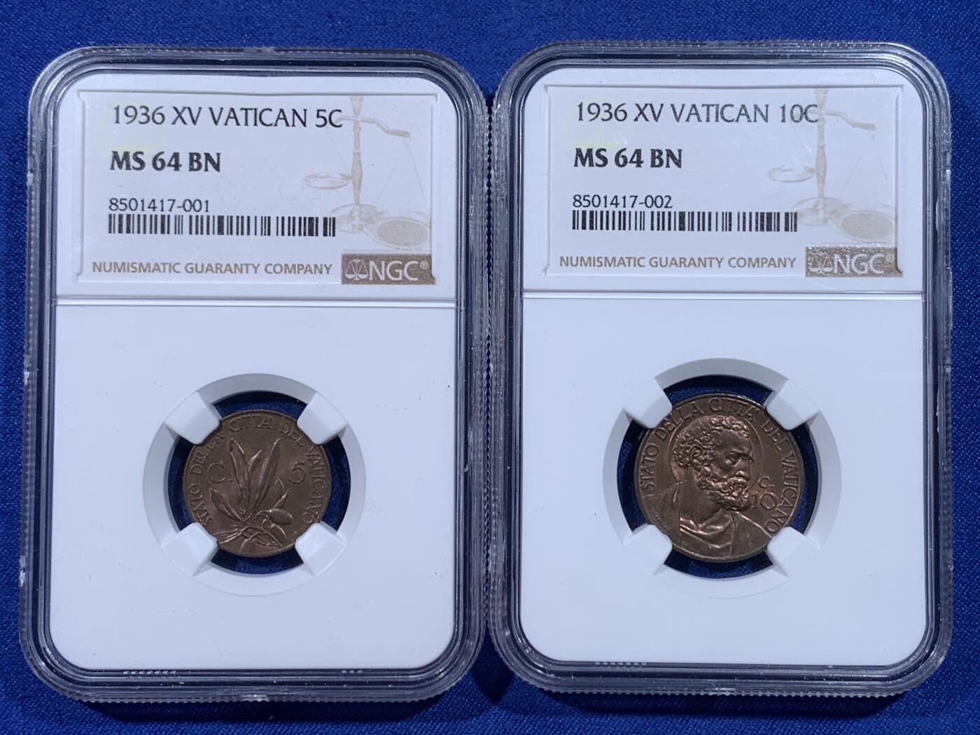 《竞宝斋》第436场 周日，周一2场连拍 （全场包邮） 两枚一组 NGC MS64BN 梵蒂冈 1936年 5分+10分铜币 同年同分 虽是辅币但依然制作精美