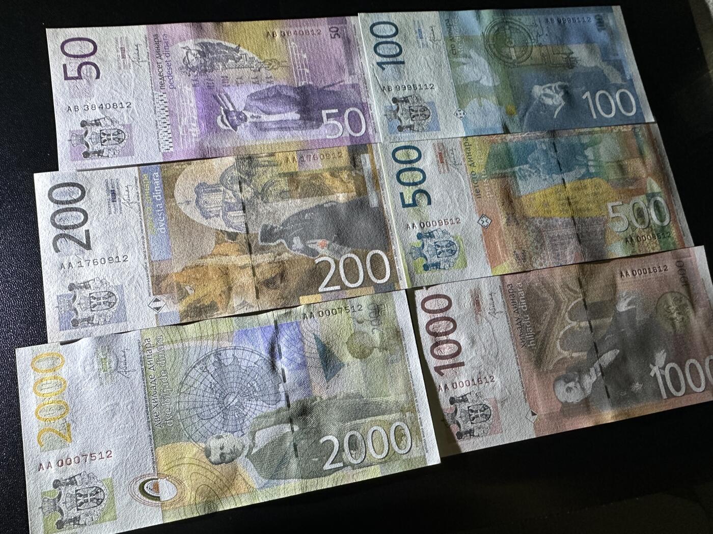 《外钞收藏家》第五百八十三期（精选场）（本期拍品丰富）（本平台长期征集拍品、欢迎藏友们联系合作） 2014年塞尔维亚50-2000第纳尔 六张一起 全新UNC 尾两同08 有千位号 AA冠