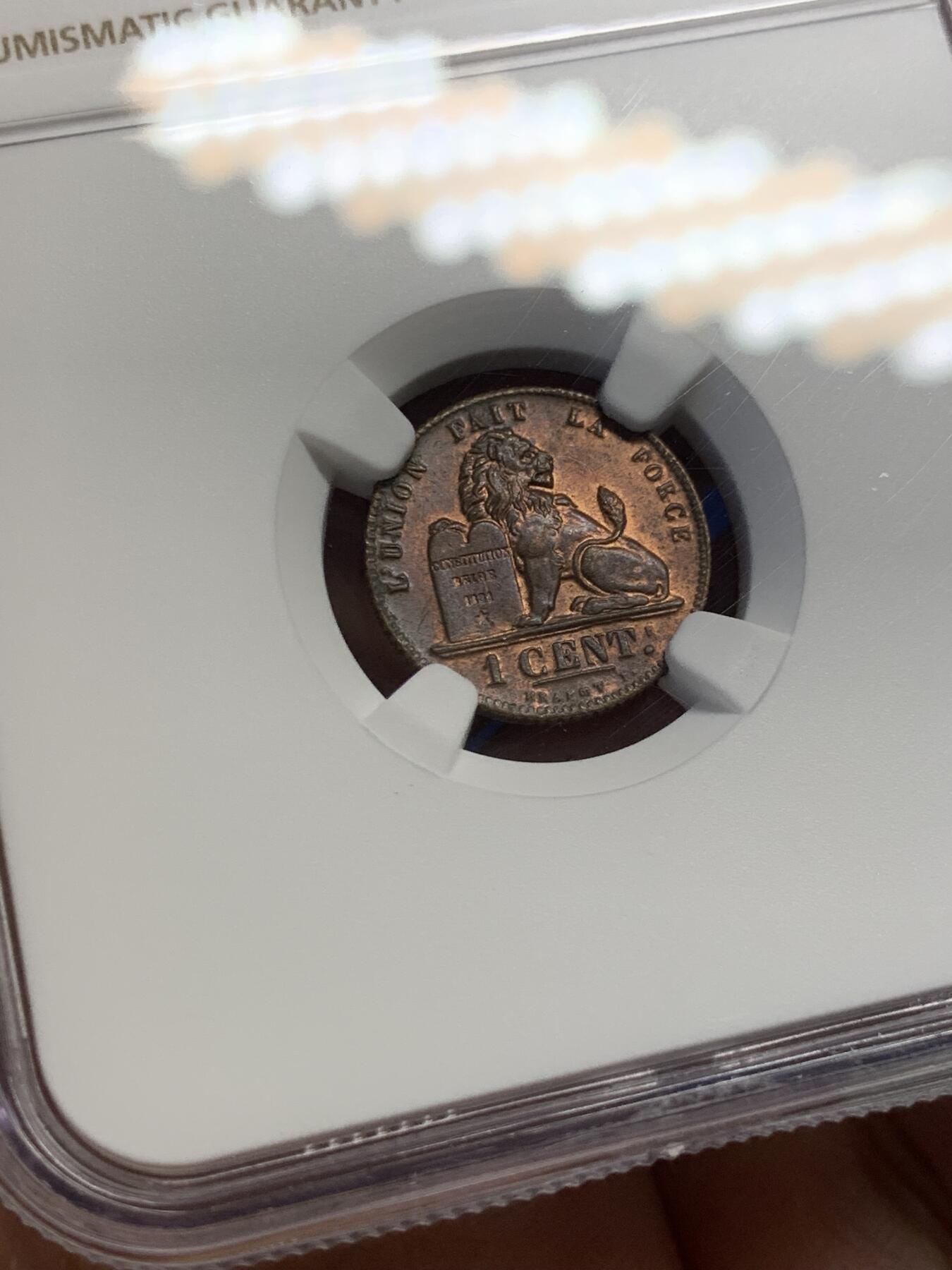 《竞宝斋》第436场 周日，周一2场连拍 （全场包邮） NGC MS63RB 比利时 1912年 狮子 1分 铜币 少见红光早期铜币 比利时经典品种