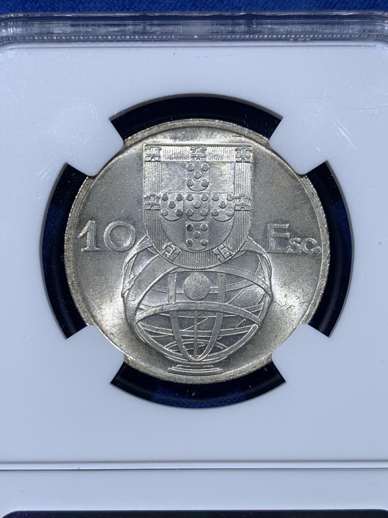 《竞宝斋》第436场 周日，周一2场连拍 （全场包邮） 三枚一组 NGC MS65/66 葡萄牙 1954/1947/1951年 帆船辅币 10/5/2.5埃斯库多银币