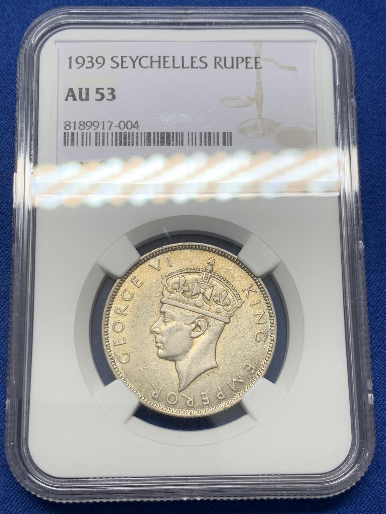 《竞宝斋》第436场 周日，周一2场连拍 （全场包邮） NGC AU53 英属塞舌尔 1939年 1卢比 银币 发行量仅9万枚 英国皇家造币厂铸造