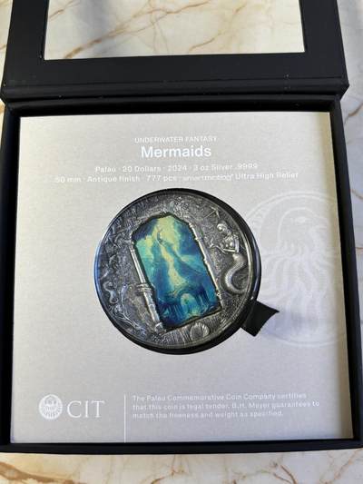帕劳2024年水下幻想美人鱼3盎司仿古纪念银币，999银，发行777枚，