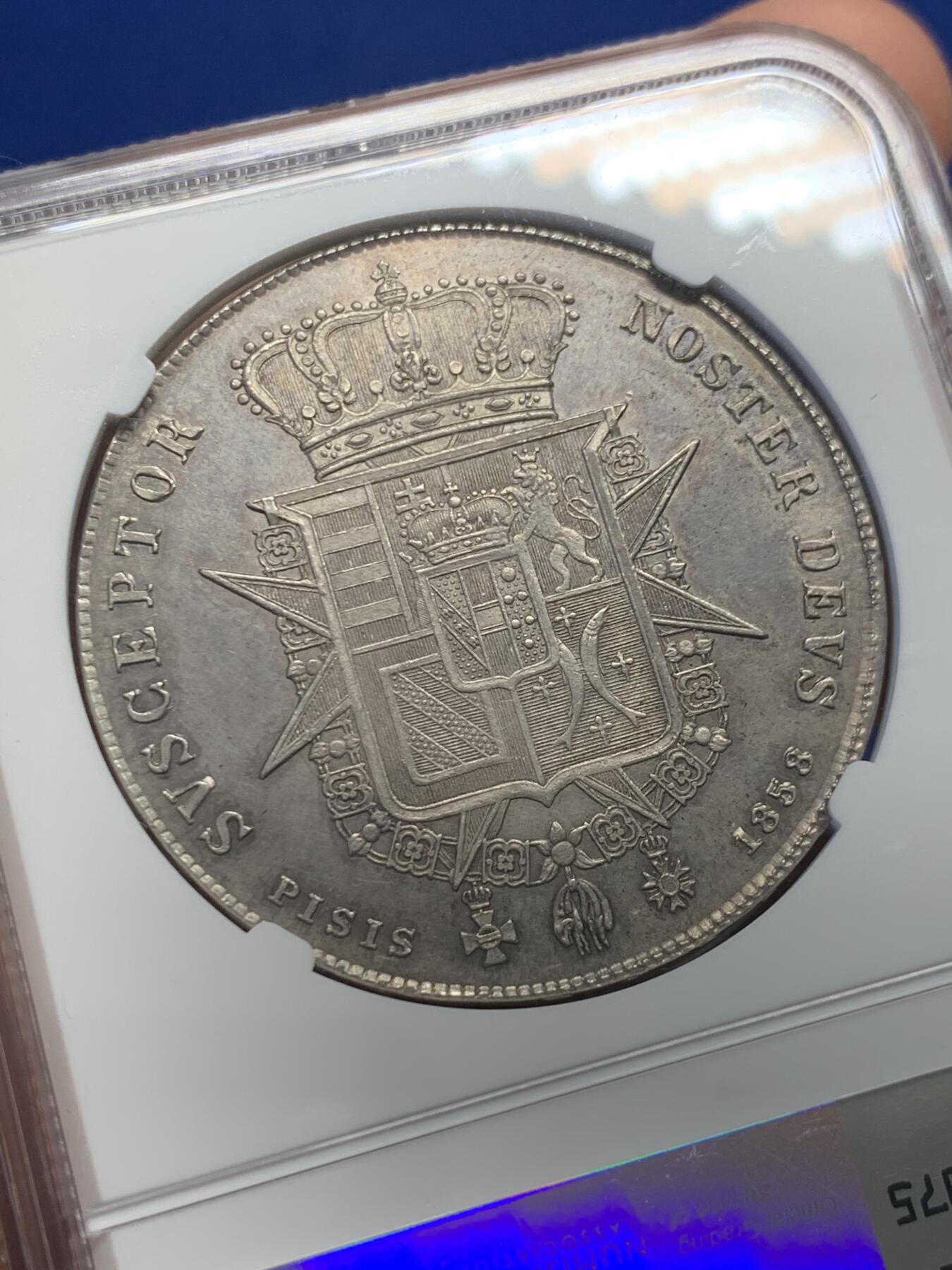 《竞宝斋》第436场 周日，周一2场连拍 （全场包邮） NGC UNCD 意大利1858年托斯卡纳利奥波德二世1菲奥里尼大银币