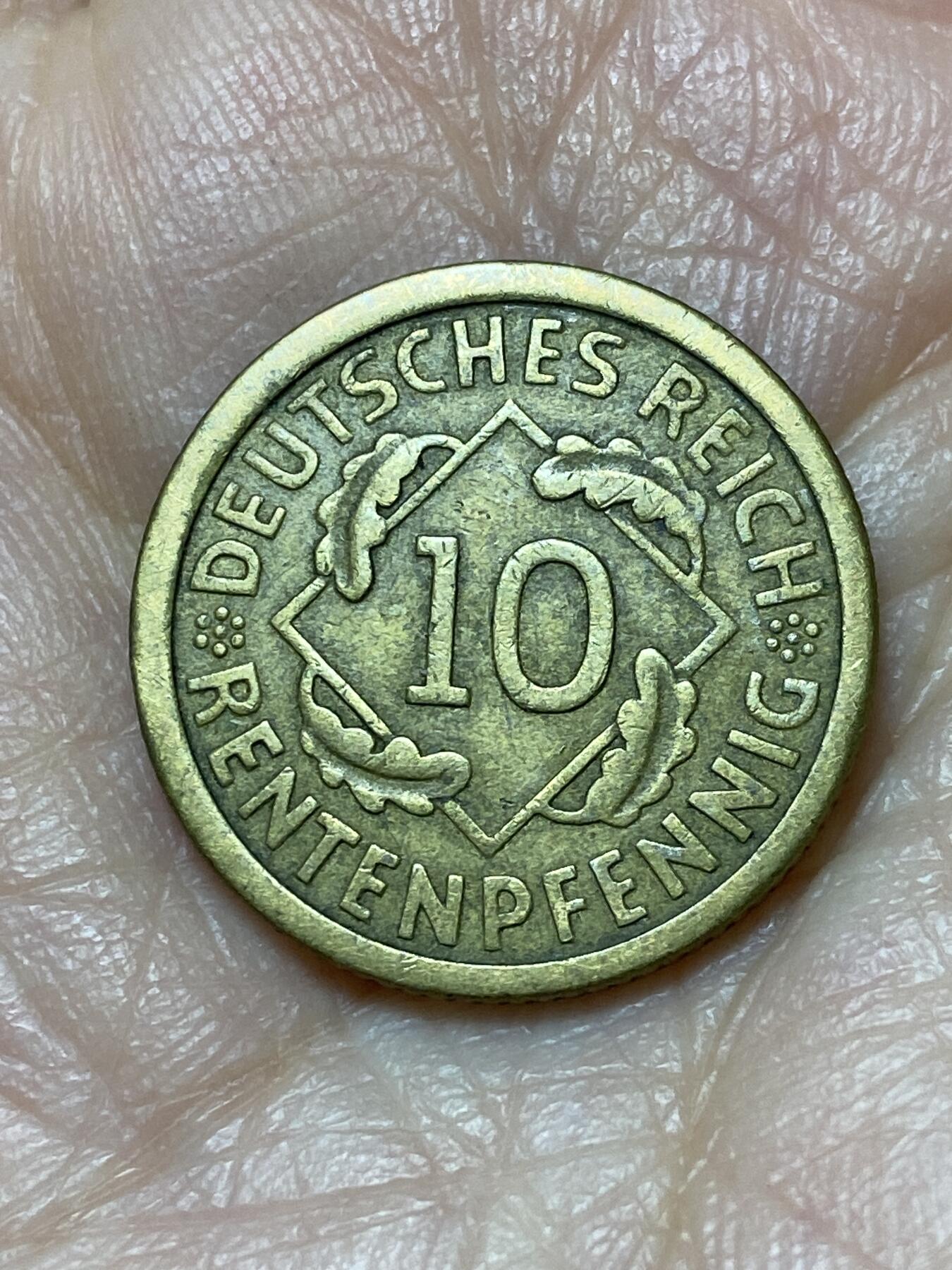 2025年第一百二十六场(总第一百五十二场）外国好品散币(免佣金) 德意志魏玛共和国1924年10芬尼(地产抵押马克，A标柏林造，仅发行3年)