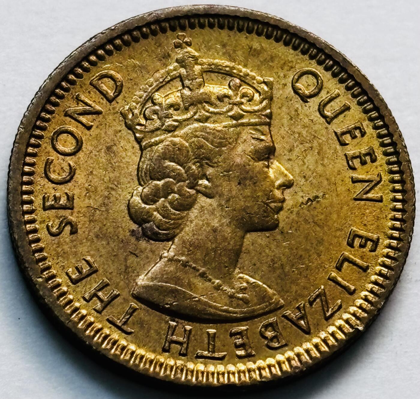 文馨钱币收藏第 280 场， 长期接收代拍品 原铜光品相 1967 年英属香港五仙铜币，伊丽莎白二世时期，第一版关门年