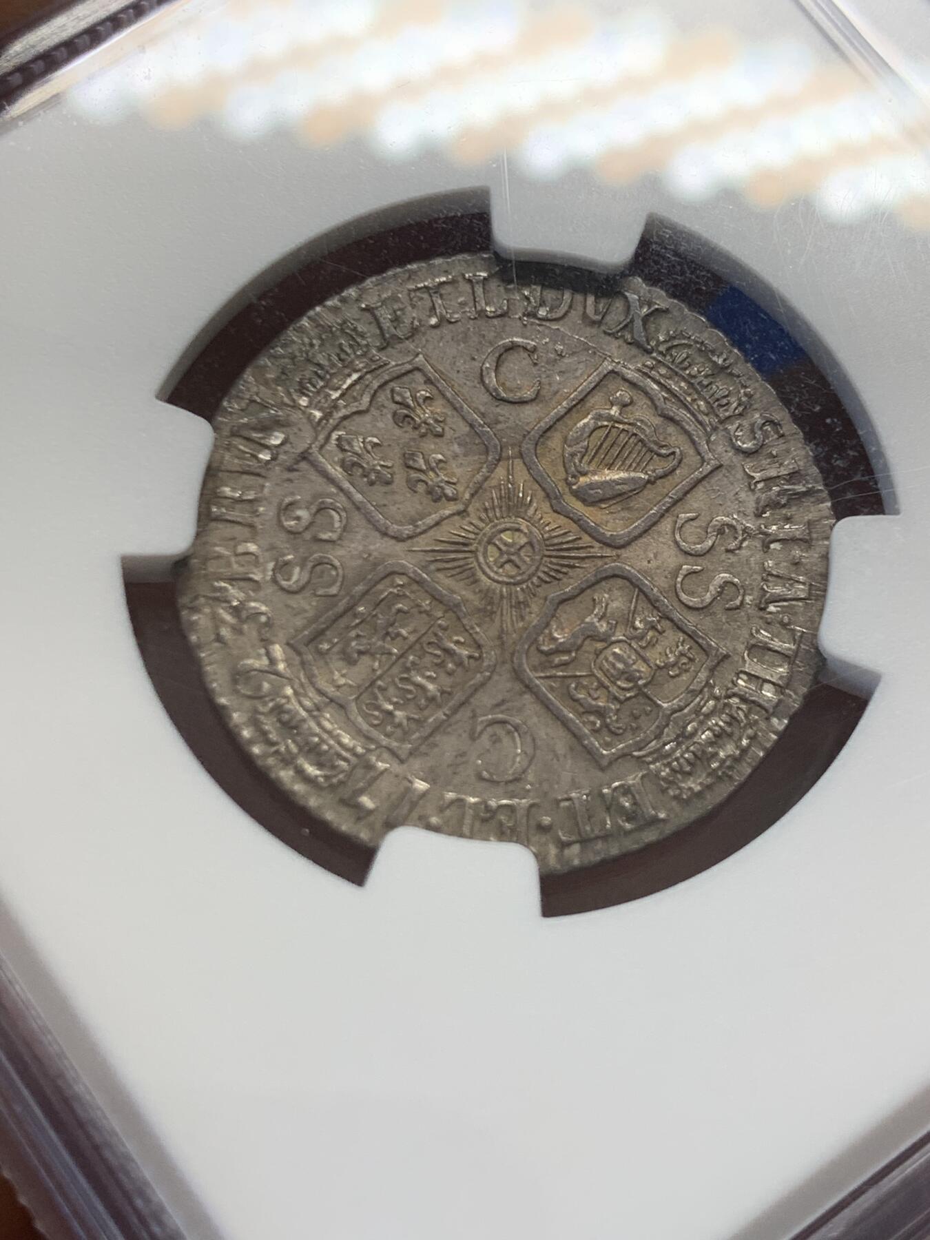 《竞宝斋》第436场 周日，周一2场连拍 （全场包邮） NGC MS63 英国 1723年 乔治一世SSC一先令银币 原味深包浆 高点清晰 难得状态