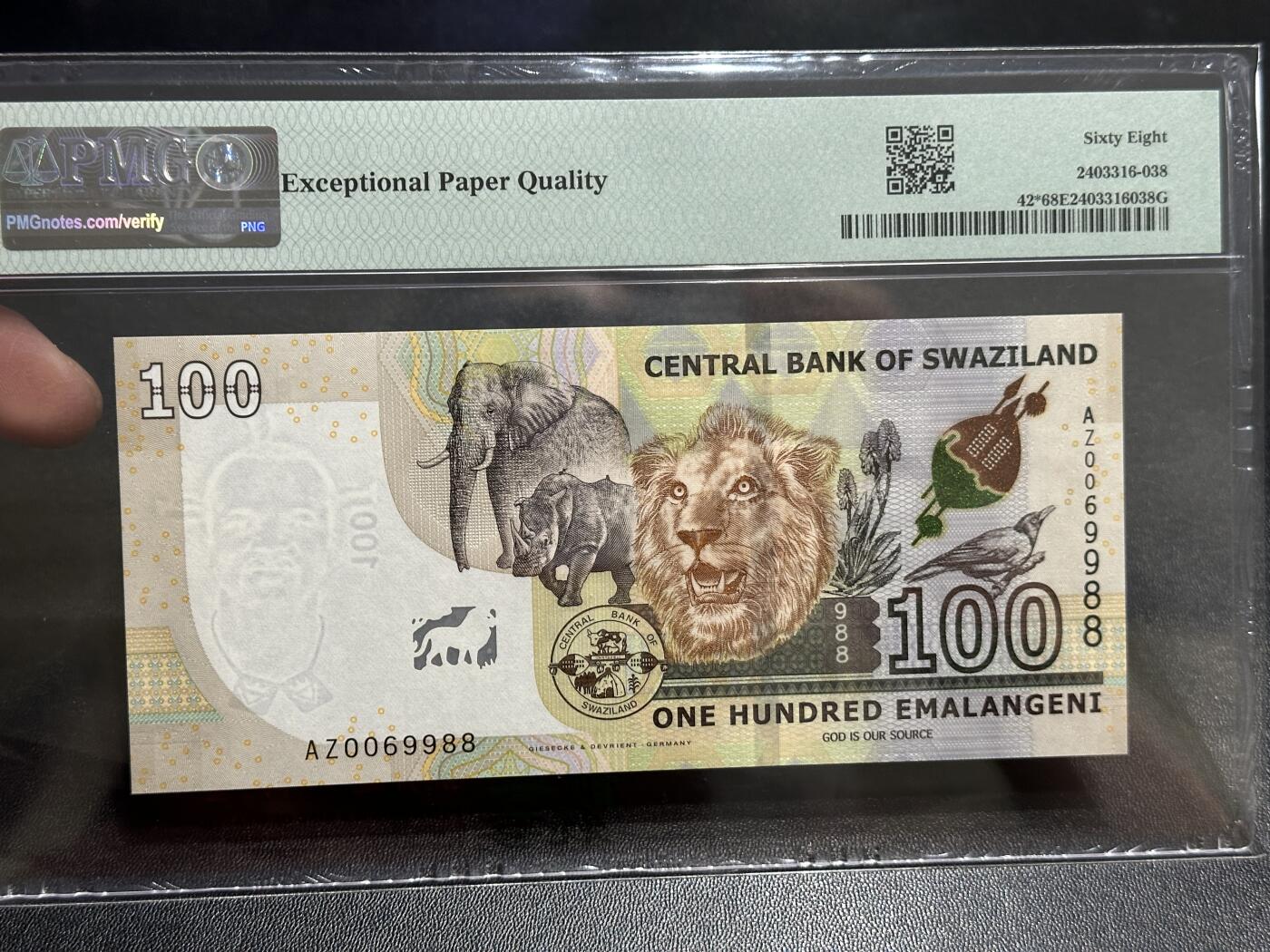 《外钞收藏家》第五百八十三期（精选场）（本期拍品丰富）（本平台长期征集拍品、欢迎藏友们联系合作） 2017年斯威斯兰100面额 补号 圆圆号 无47 PMG68高分