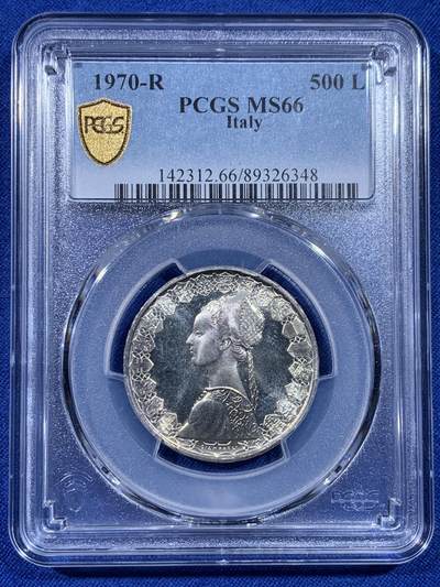 《竞宝斋》第436场 周日，周一2场连拍 （全场包邮） - PCGS MS66 意大利1970年帆船少女500里拉银币 底板PL感很强的一枚！