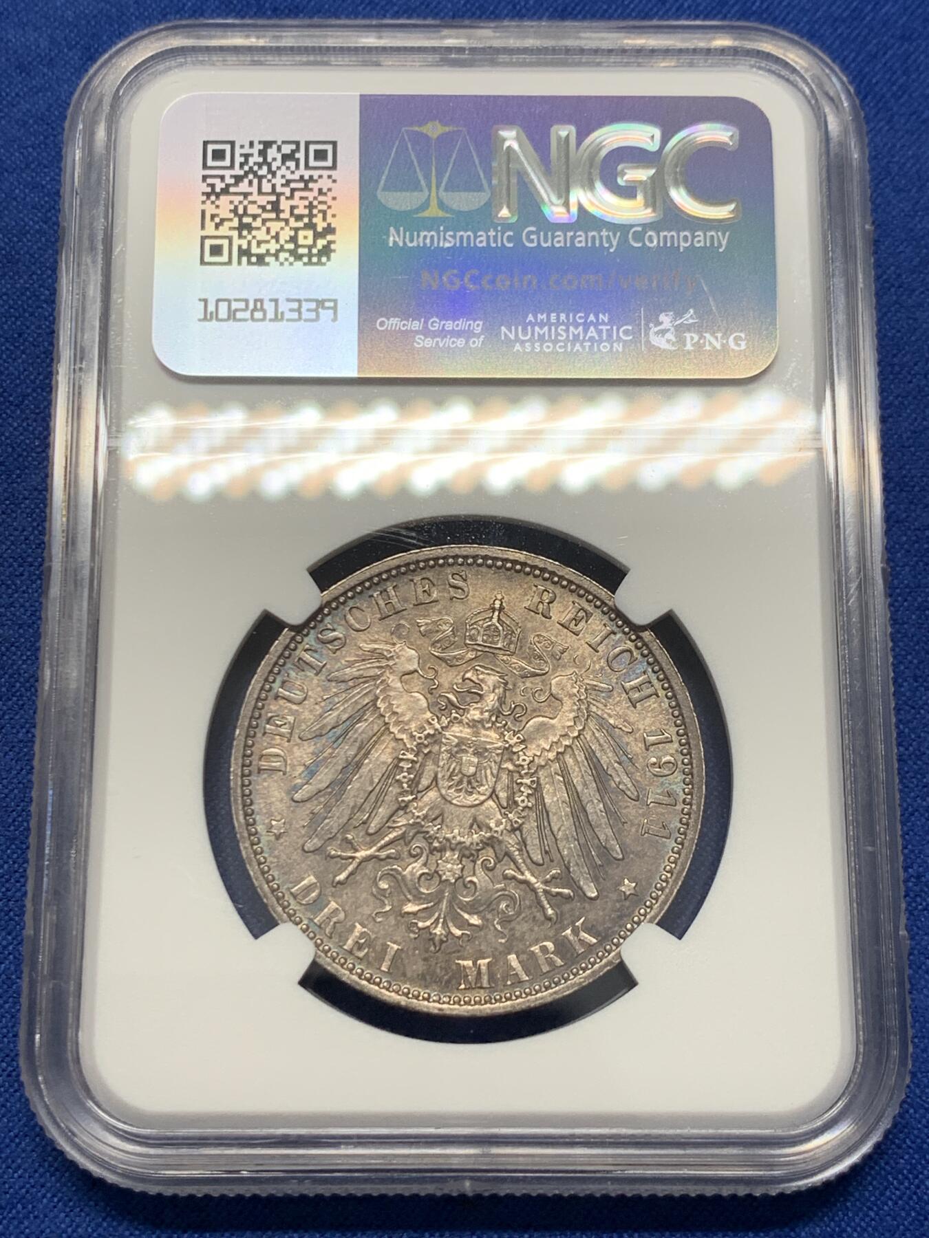 《竞宝斋》第436场 周日，周一2场连拍 （全场包邮） NGC MS62 德国巴伐利亚 1911年 柳特波德 3马克 银币