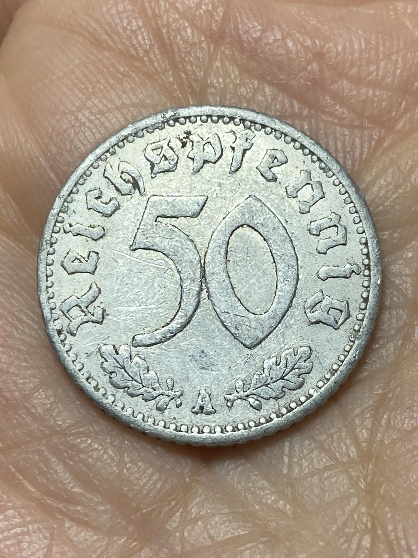 2025年第一百二十六场(总第一百五十二场）外国好品散币(免佣金) 少见–德意志第三帝国1935单年份50芬尼(A标，柏林造)