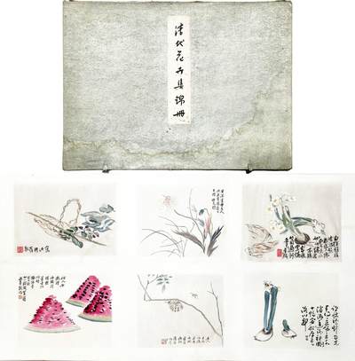 2025年吉藏纸杂文献秋季专场拍卖会 - 50年代制《清代花卉集锦册》一册内存罗聘、李蝉等木板水印六张 (壳)44.4×32.6cm;(画)42.8×31.9cm×6