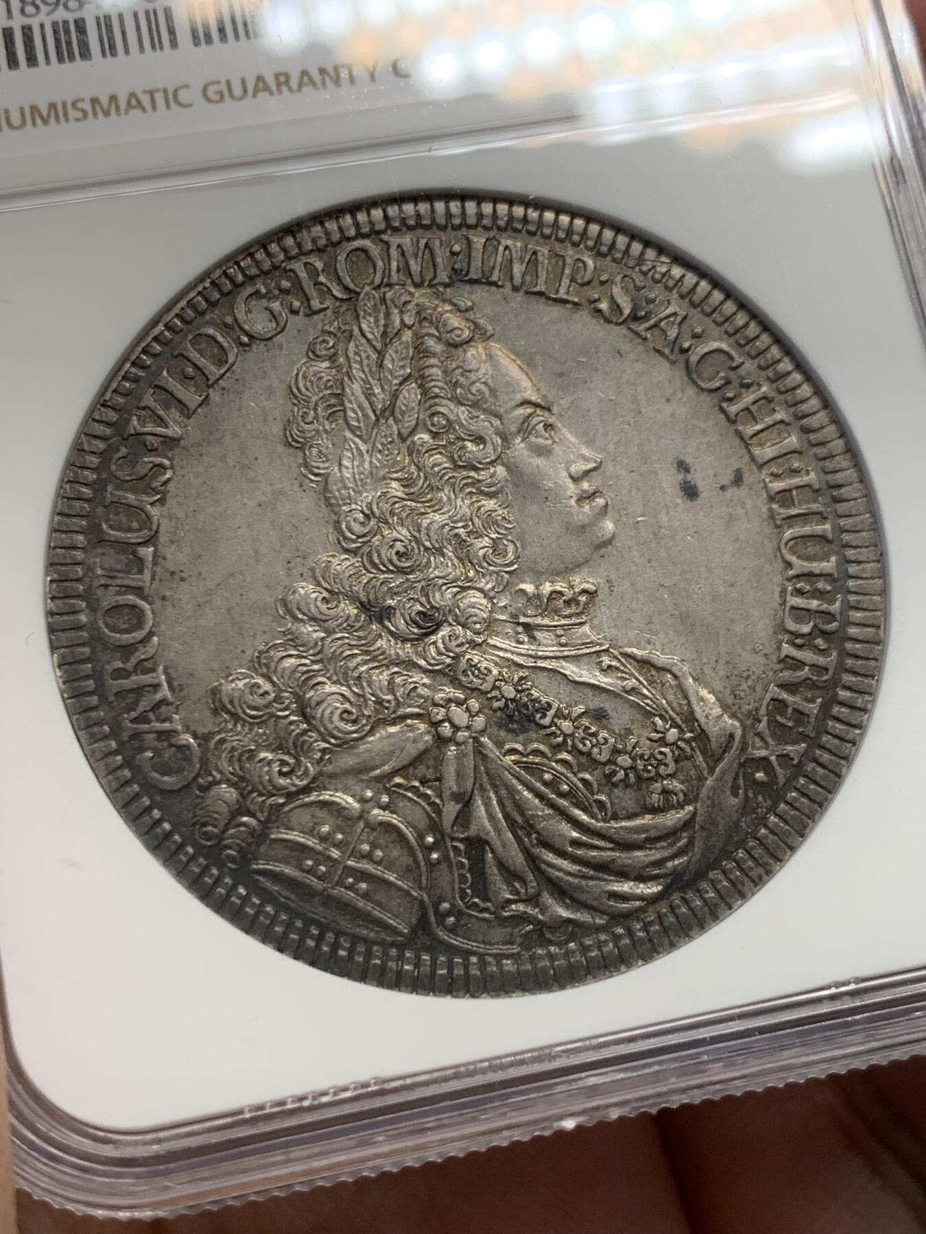 《竞宝斋》第436场 周日，周一2场连拍 （全场包邮） 亚军分 NGC MS63 神圣罗马帝国 1719年 卡尔六世 泰勒大银币 细节好 原味包浆 热门大波浪