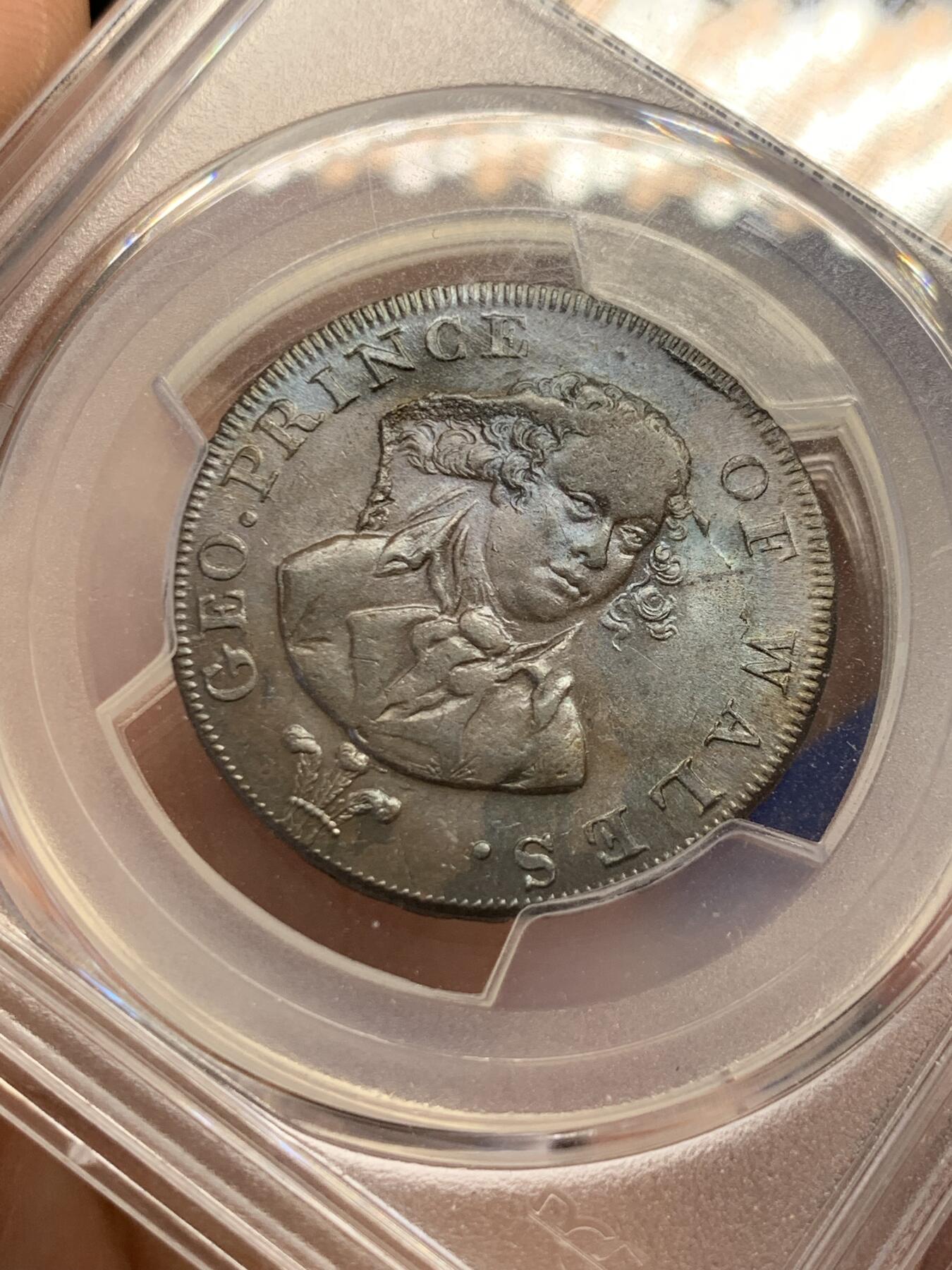 《竞宝斋》第436场 周日，周一2场连拍 （全场包邮） PCGS MS63BN 英国1790年 乔治四世-威尔士亲王1/2便士，背面是代表王储的盾徽，双面靛紫色包浆特别漂亮。Middlesex 区域使用。非常少见。
