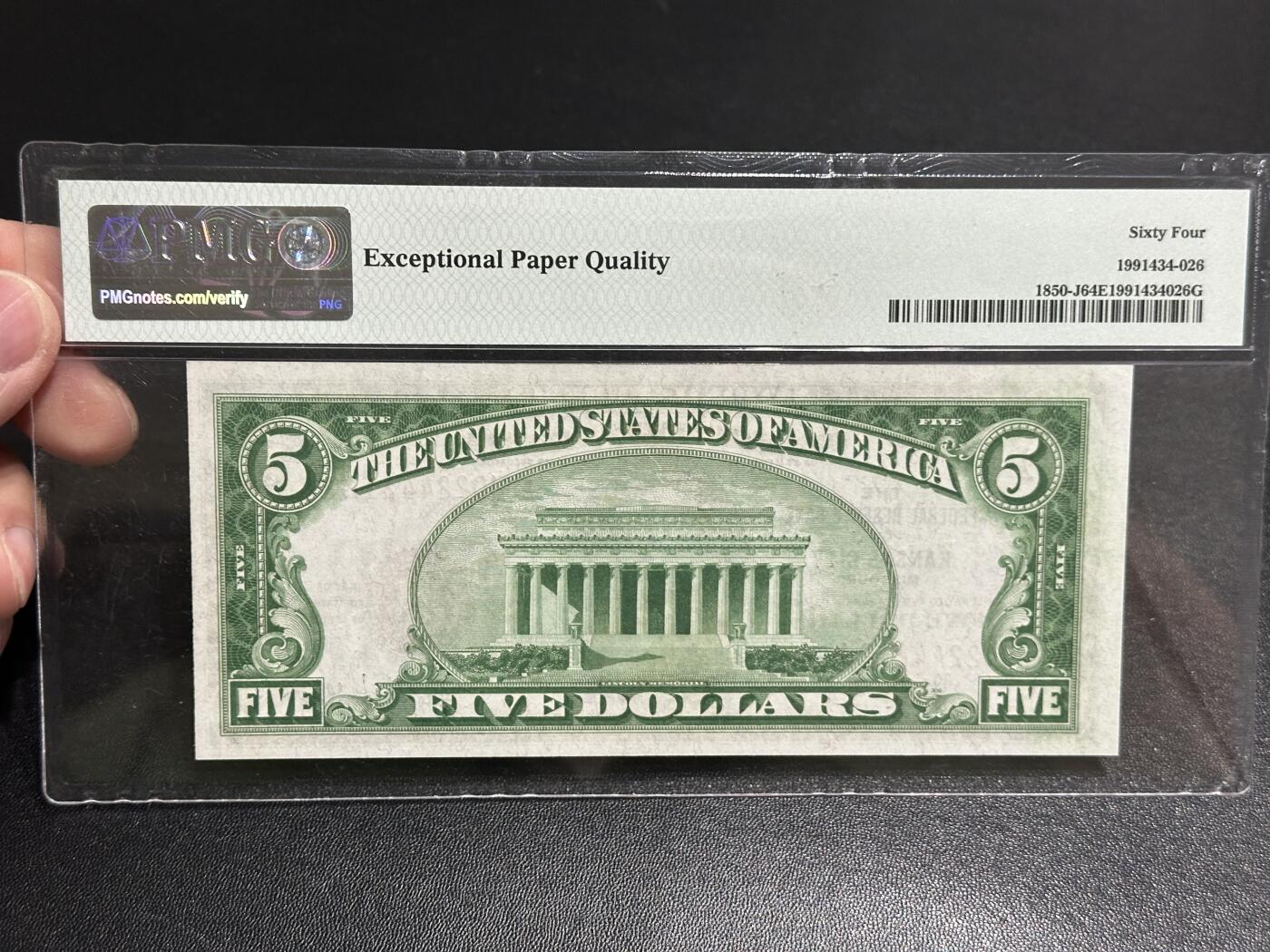 《外钞收藏家》第五百八十三期（精选场）（本期拍品丰富）（本平台长期征集拍品、欢迎藏友们联系合作） 1929年美国5美元 橙色库印 PMG64E