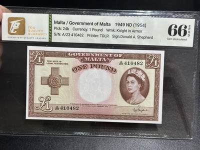 《外钞收藏家》第五百八十三期（精选场）（本期拍品丰富）（本平台长期征集拍品、欢迎藏友们联系合作） - 1949年马耳他1镑 TQG评级66 稀少女王