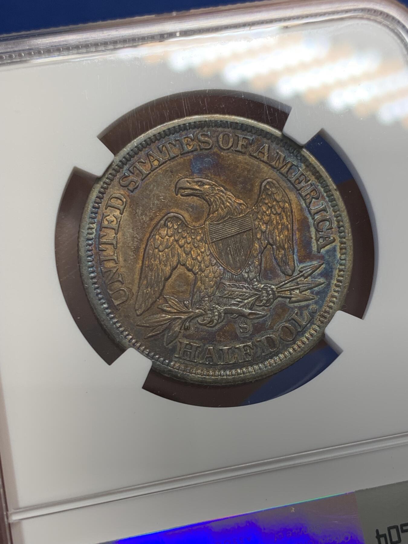 《竞宝斋》第436场 周日，周一2场连拍 （全场包邮） NGC AU53 美国1857年自由女神坐像半美元银币 900银 12.44克 稀少品种