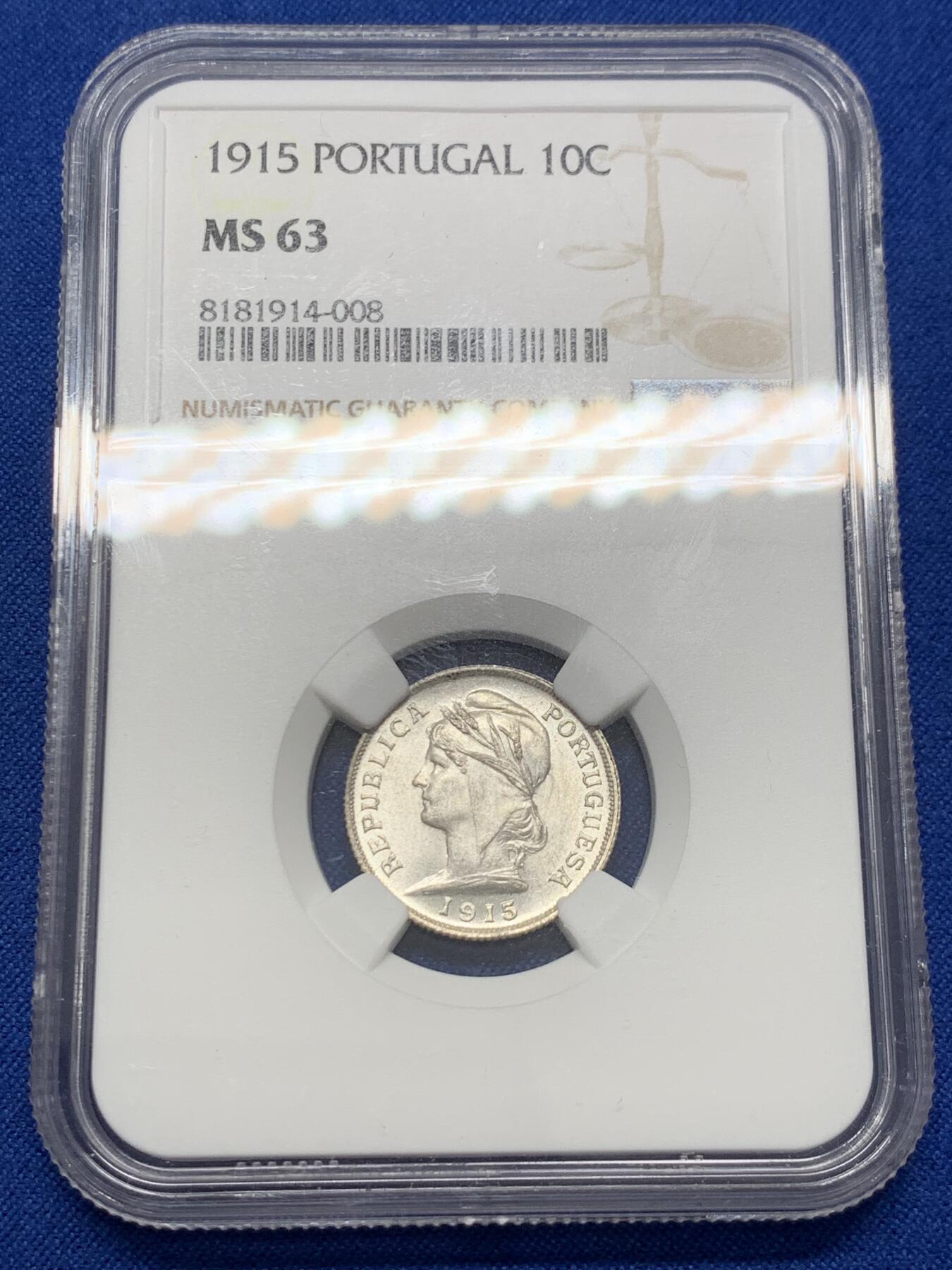 《竞宝斋》第436场 周日，周一2场连拍 （全场包邮） NGC MS63 葡萄牙 1915年 女神 10分银币 卷拆曝光好品