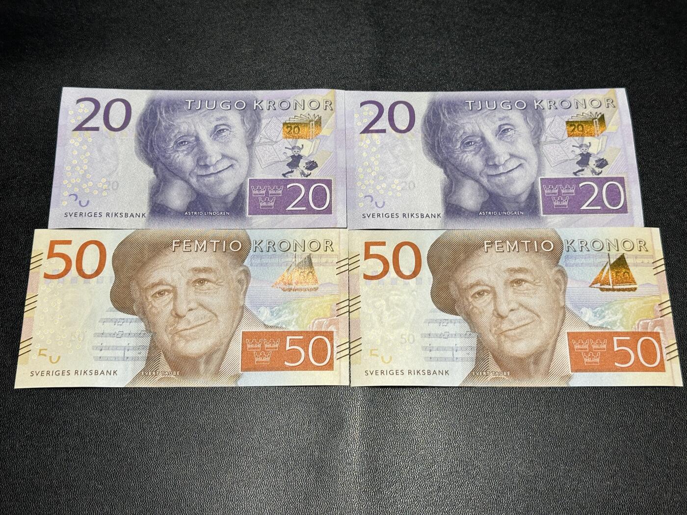 《外钞收藏家》第五百八十三期（精选场）（本期拍品丰富）（本平台长期征集拍品、欢迎藏友们联系合作） 瑞典最新版20和50克朗 2对四张一起 全新UNC  尾2同