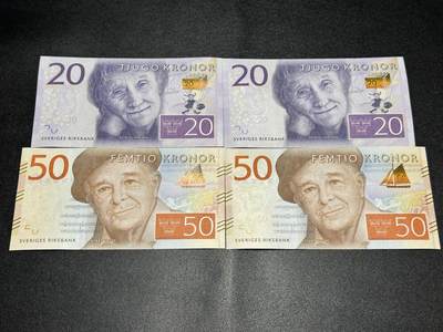 《外钞收藏家》第五百八十三期（精选场）（本期拍品丰富）（本平台长期征集拍品、欢迎藏友们联系合作） - 瑞典最新版20和50克朗 2对四张一起 全新UNC  尾2同