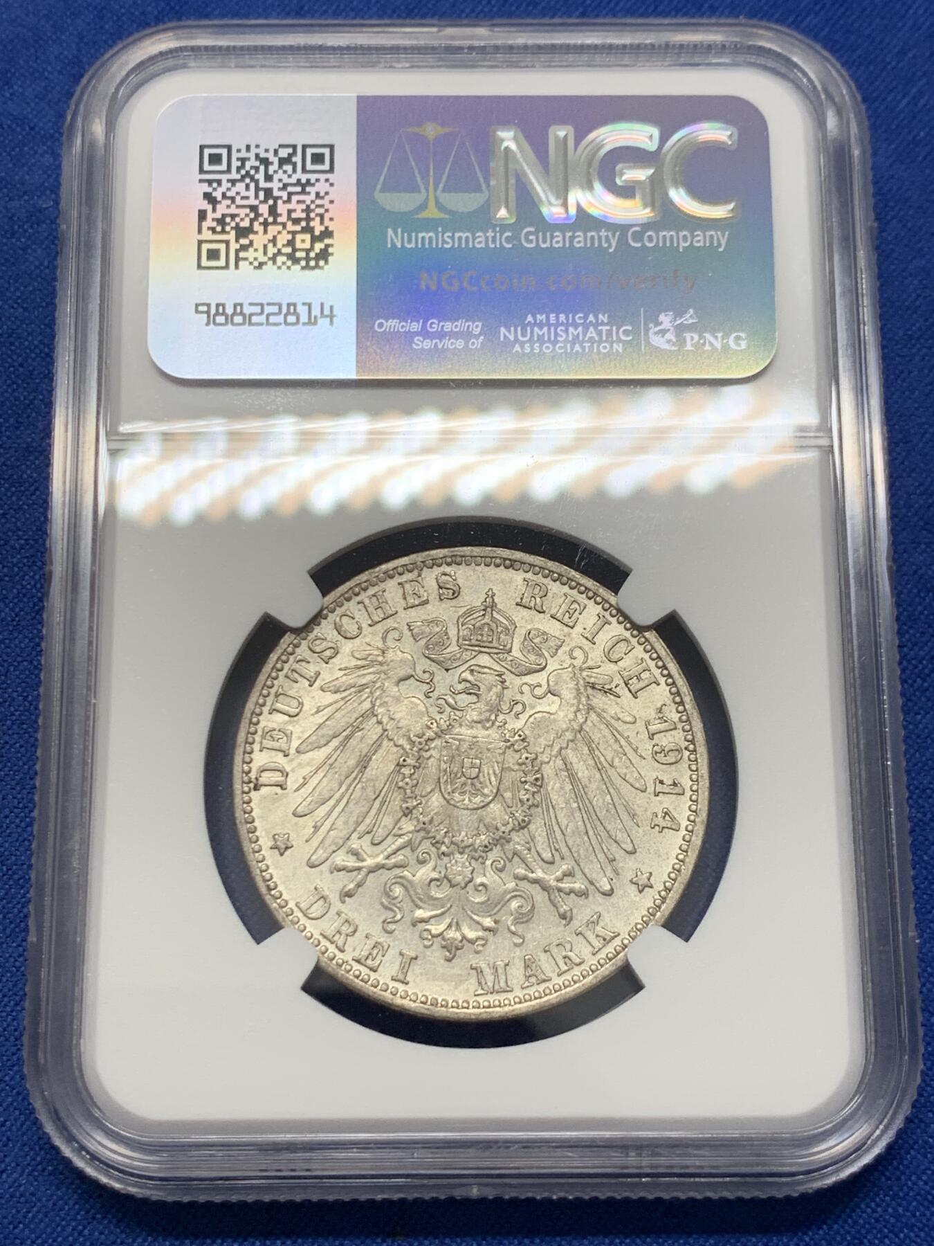 《竞宝斋》第436场 周日，周一2场连拍 （全场包邮） NGC AU58 德国巴伐利亚 1914年 路德维希三世 3马克银币