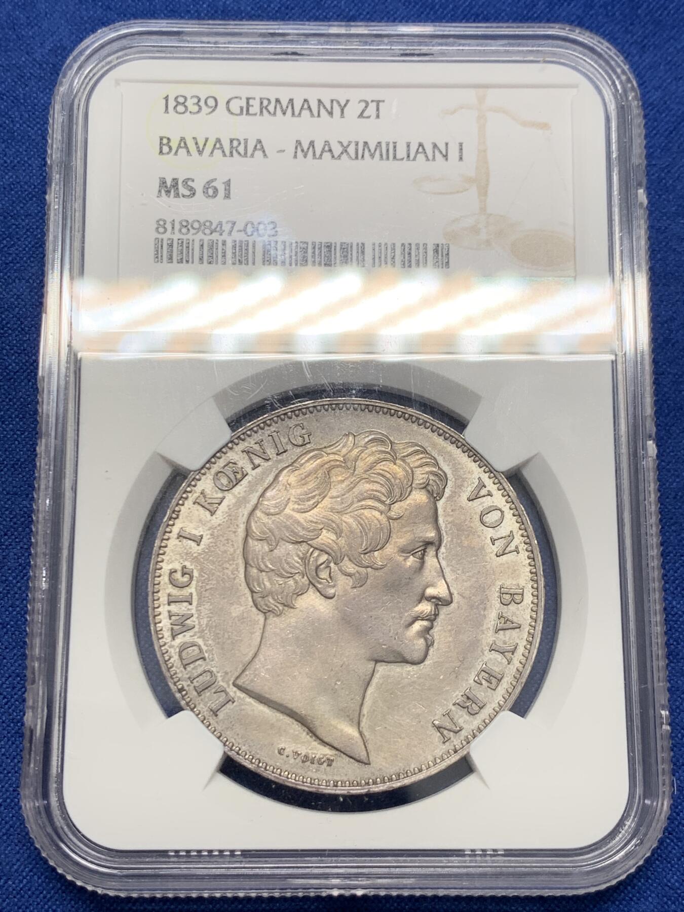 《竞宝斋》第436场 周日，周一2场连拍 （全场包邮） NGC MS61 德国1839年巴伐利亚路德维希一世选帝侯纪念2泰勒 名誉品种 包浆很好 有些低评了