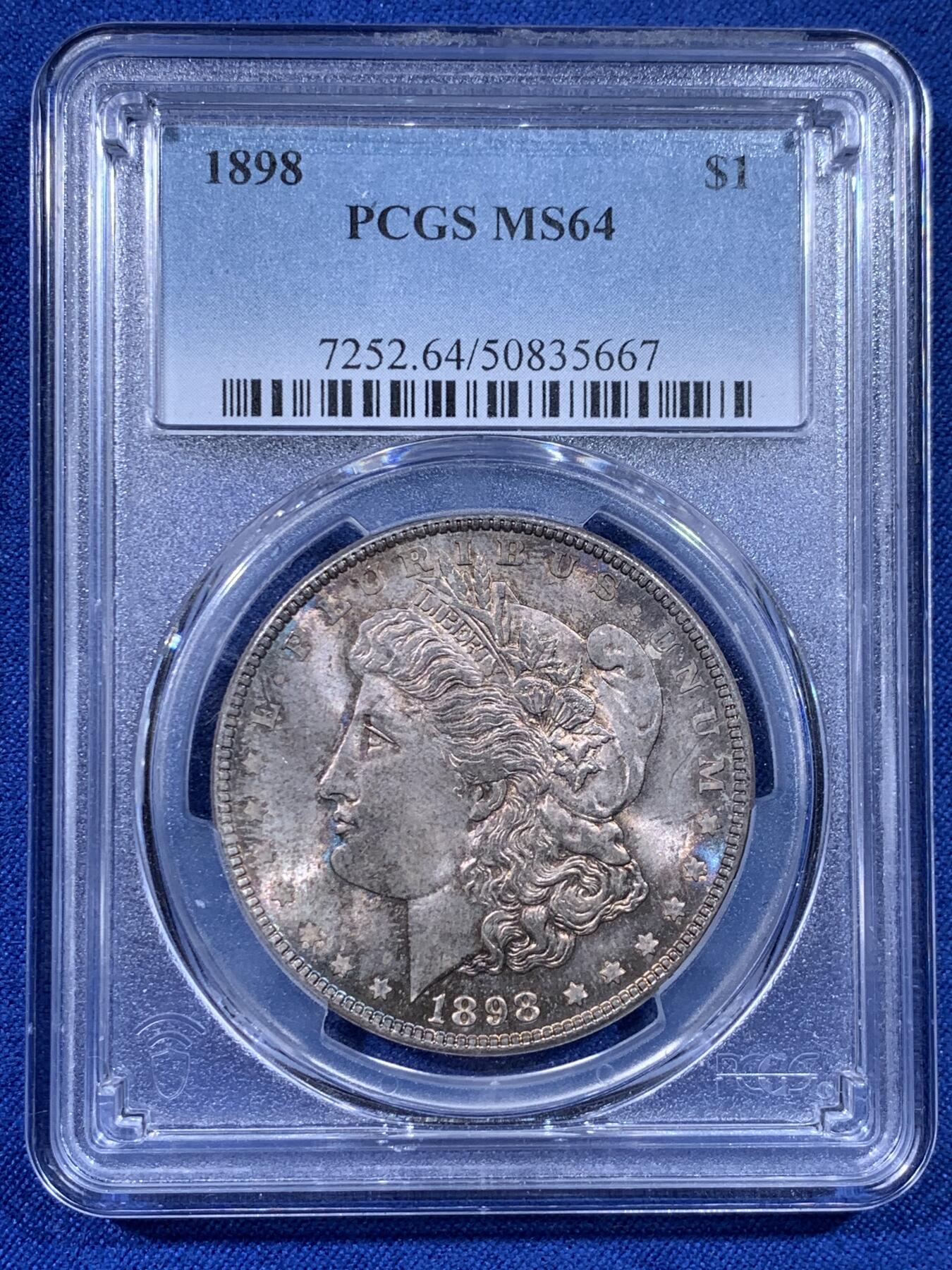 《竞宝斋》第436场 周日，周一2场连拍 （全场包邮） PCGS MS64 美国1898年摩根银币，单面幻彩，市场上较少的年份。