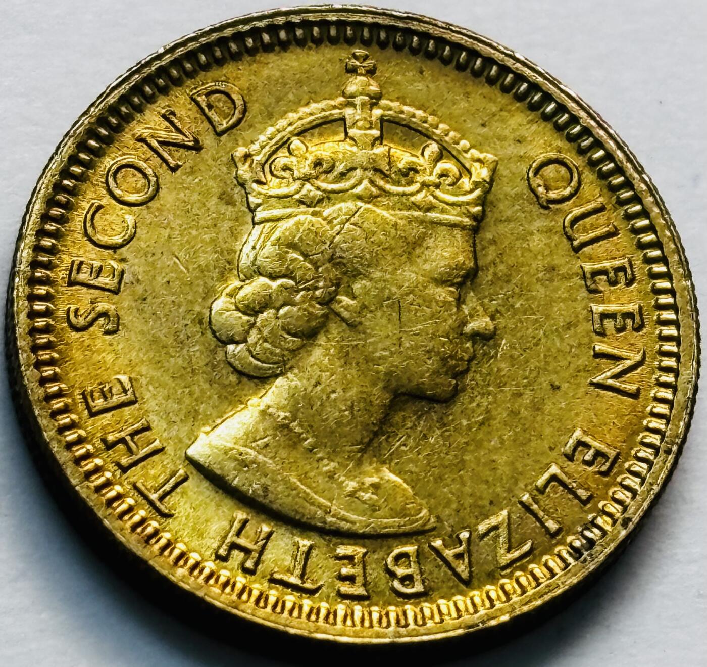 文馨钱币收藏第 280 场， 长期接收代拍品 原铜光品相 1967 年英属香港五仙铜币，伊丽莎白二世时期，第一版关门年